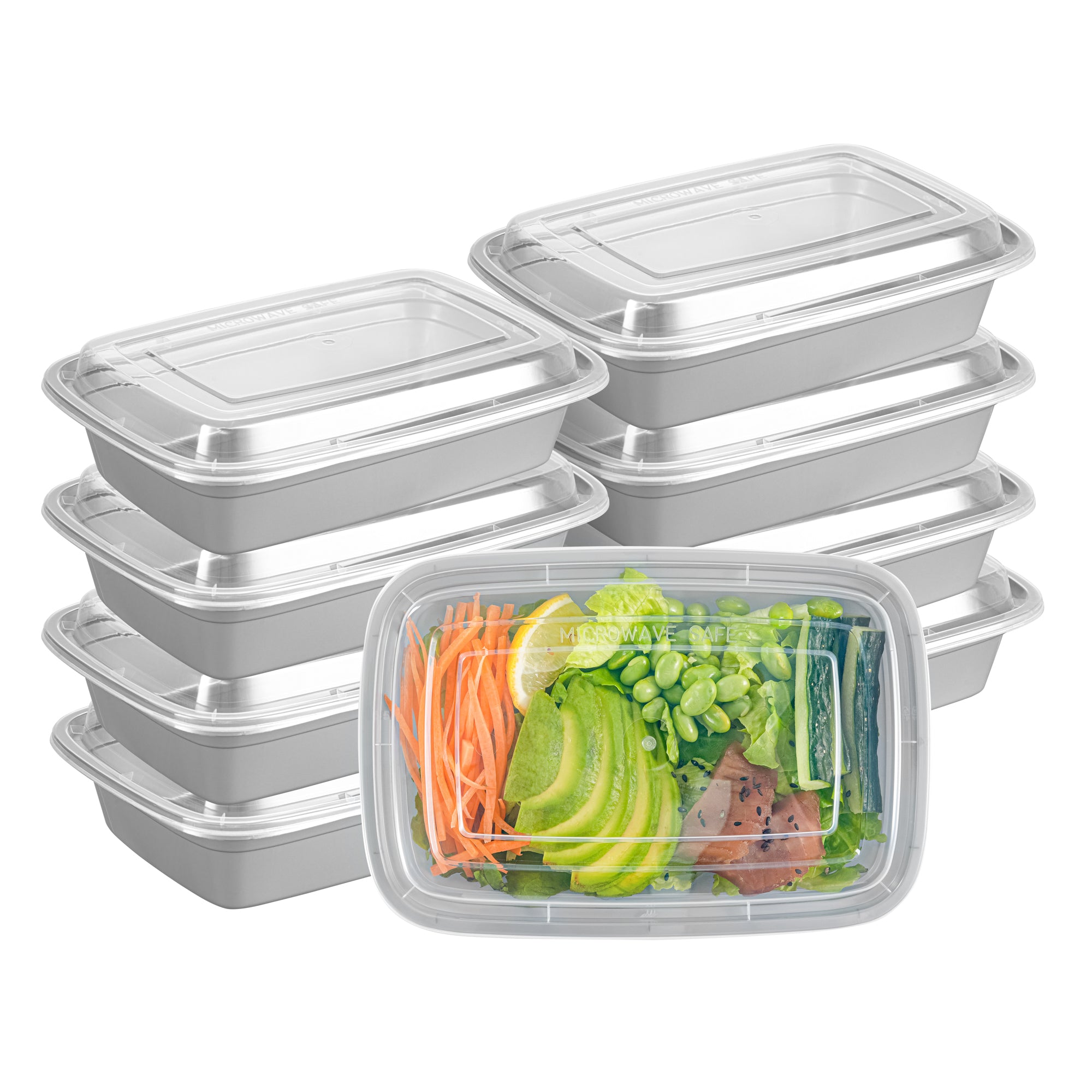 24 oz Rectangle Silver Plastic To-Go Food Containers with Clear Lids - Microwave Safe (8