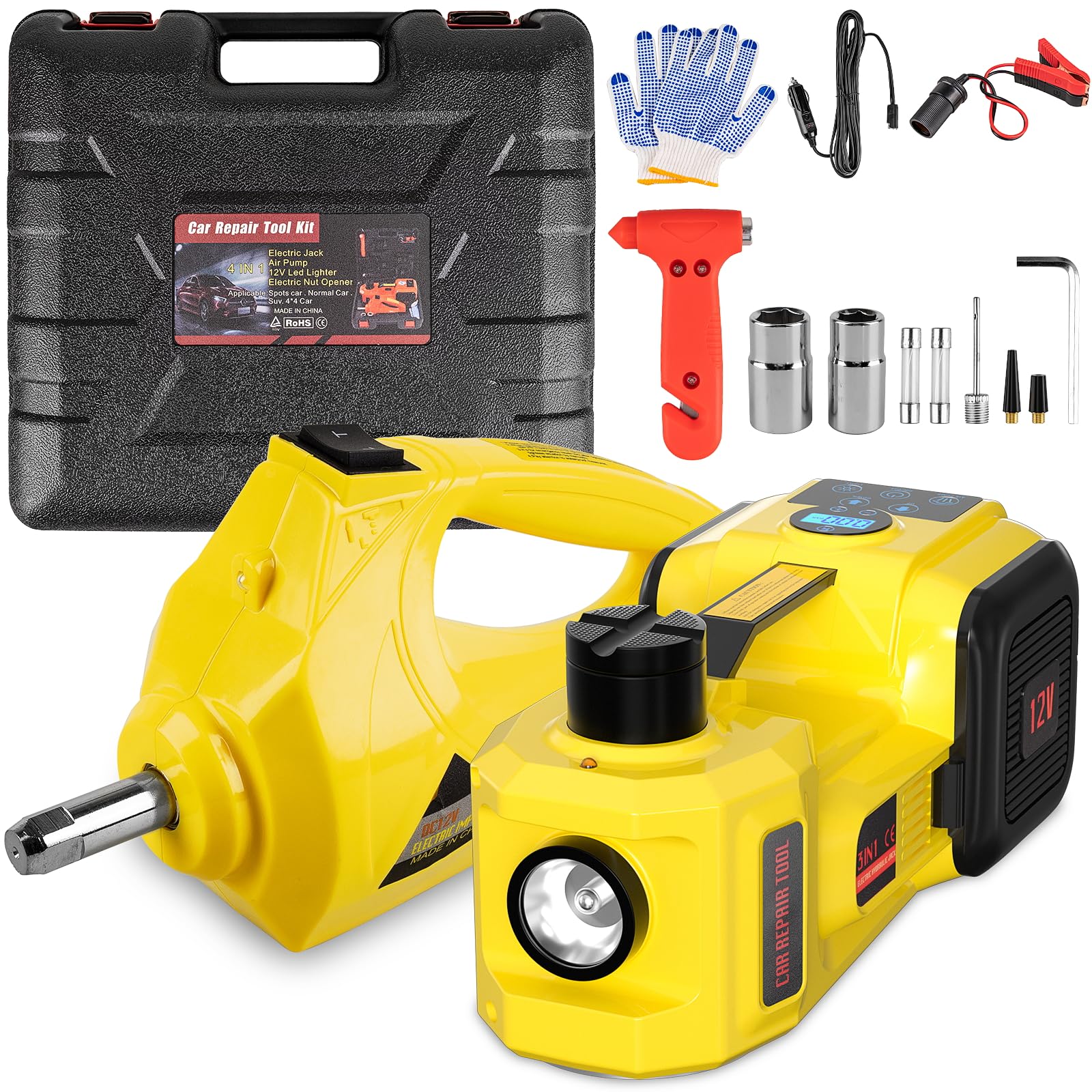 5 Ton 12V Electric Car Jack with Digital Display - Heavy Duty Vehicle Lift for Sedan, SUV & Trucks - Includes E-Impact Wrench, Tire Inflator Pump & LED Light (6.1-17.7