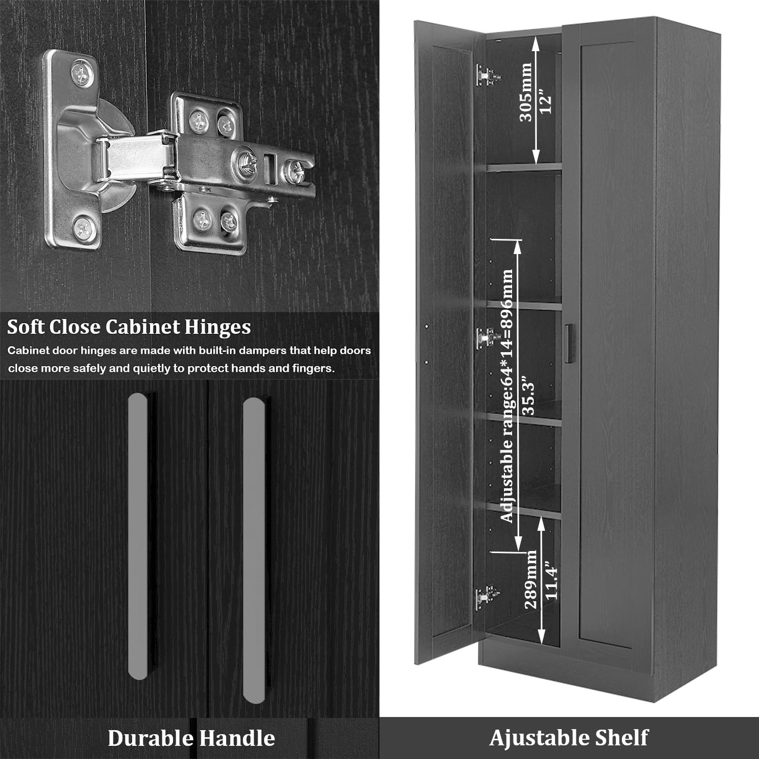 Panana 45-Inch Tall Wooden Storage Cabinet with 2 Doors & Adjustable Shelves - Freestanding Narrow Pantry Organizer for Kitchen, Bathroom or Office (Black)