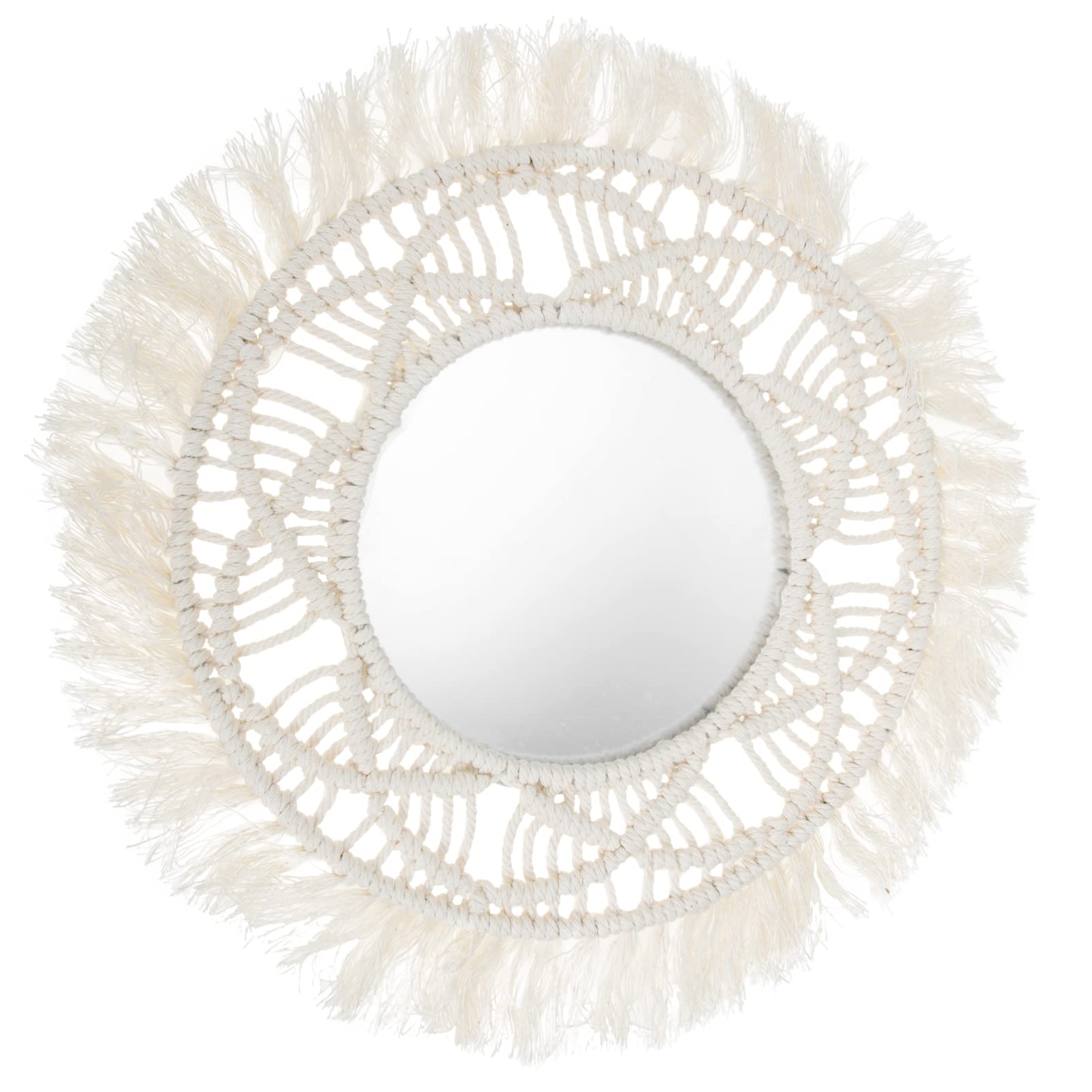 Boho Macrame Hanging Wall Mirror with Fringe - Round Decorative Mirror for Living Room, Bedroom & Apartment - Unique Wall Art & Home Decor for Boho Chic Style