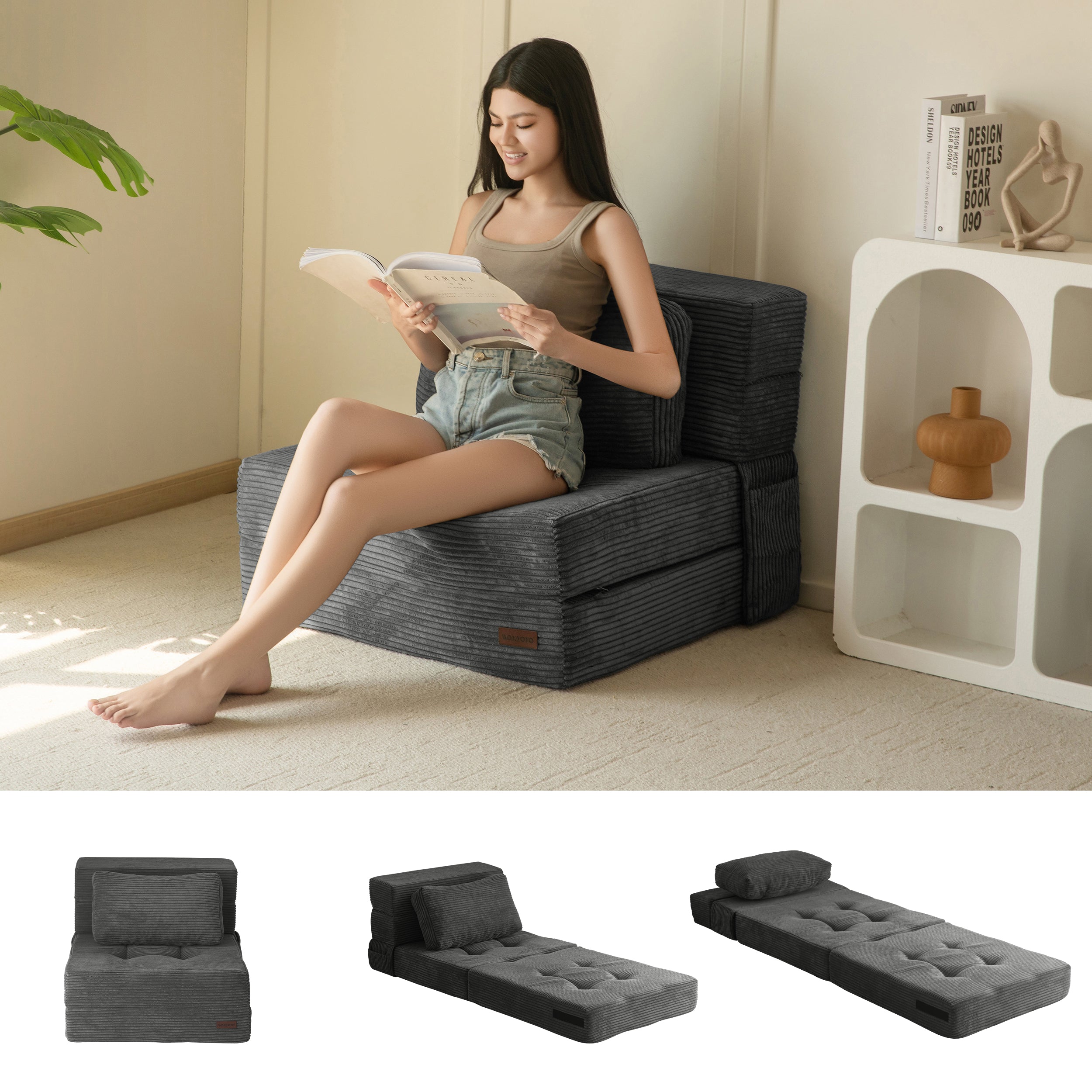 MAXYOYO 3-in-1 Convertible Sofa Bed - Foldable Single Sleeper Sofa with Pillow, Foam Floor Couch & Lazy Chair for Living Room, Bedroom or Guest Room (Dark Grey) | Perfect for Small Spaces, Overnight Guests & Cozy Lounging