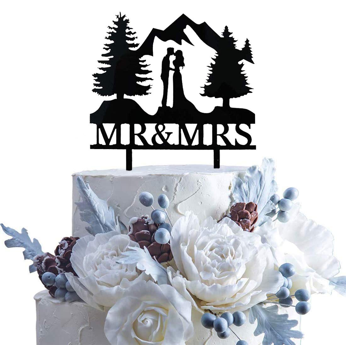 Mr & Mrs Mountain Wedding Cake Topper - Hiking & Forest Theme Outdoor Wedding Cake Decor - Perfect for Adventure Lovers, Rustic Weddings, and Nature-Inspired Celebrations