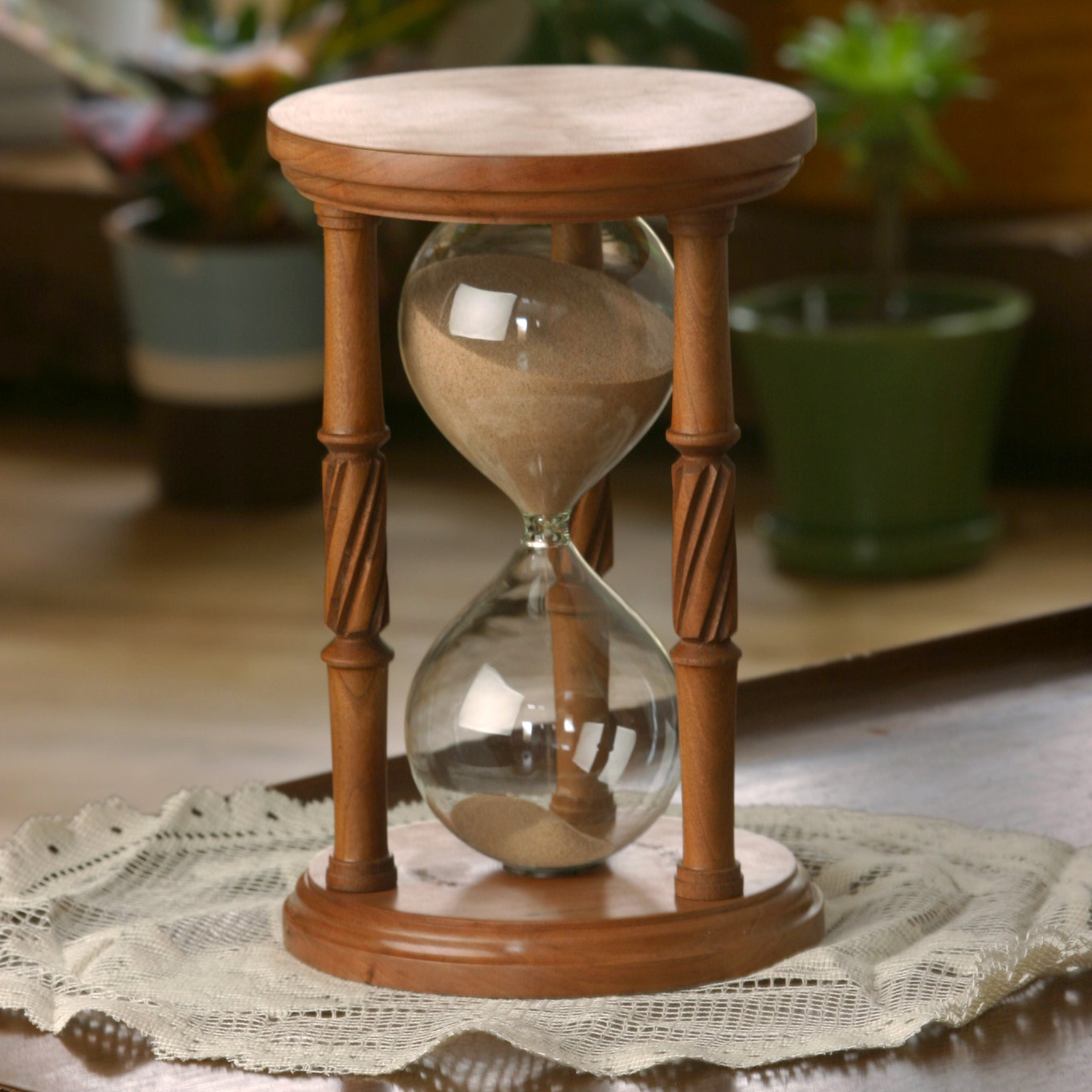 Premium Solid Cherry Wood Hourglass with Spiral Spindles - 30-Minute Sand Timer for Home Office Decor, Meditation, Yoga, and Kitchen Use