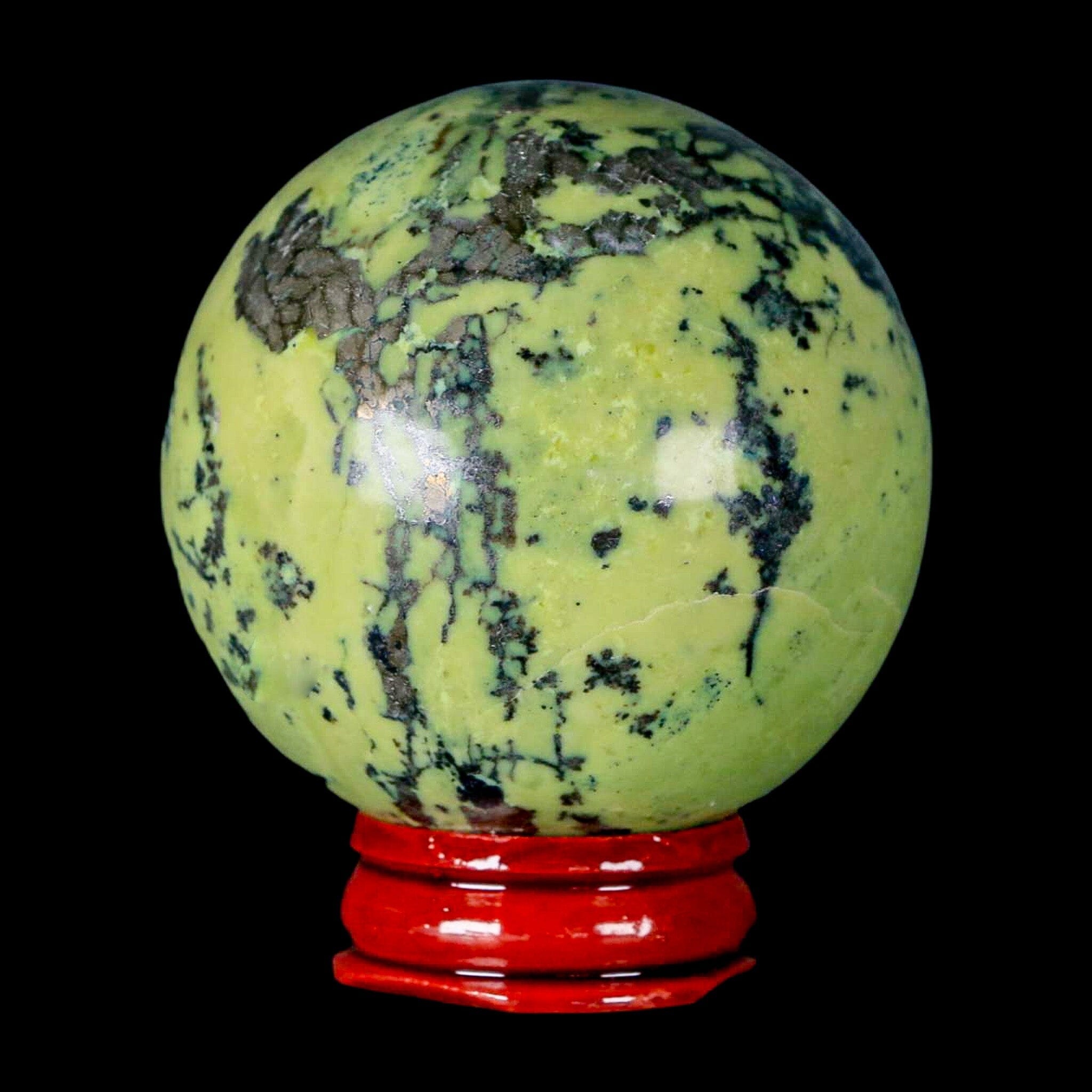 Natural Green & Yellow Serpentine Pyrite Sphere Ball - 54mm XL Size - Handcrafted in Peru with Display Stand | Healing Crystal, Meditation Decor, Feng Shui Home Decor, Mineral Collection Display
