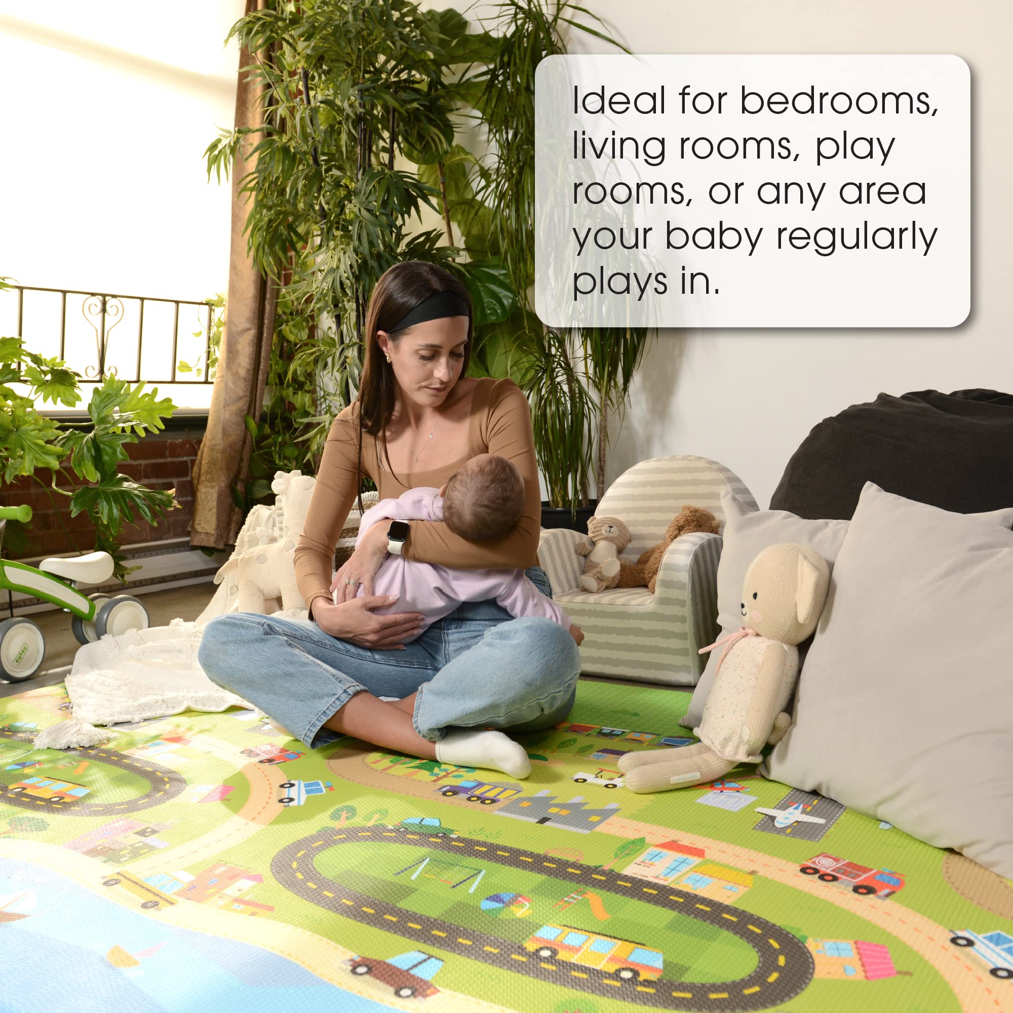 Soft Double-Sided Baby Play Mat with Happy Village Design - Extra Large Non-Toxic Foam Floor Mat for Crawling & Playtime - Nursery, Playroom & Daycare Essential