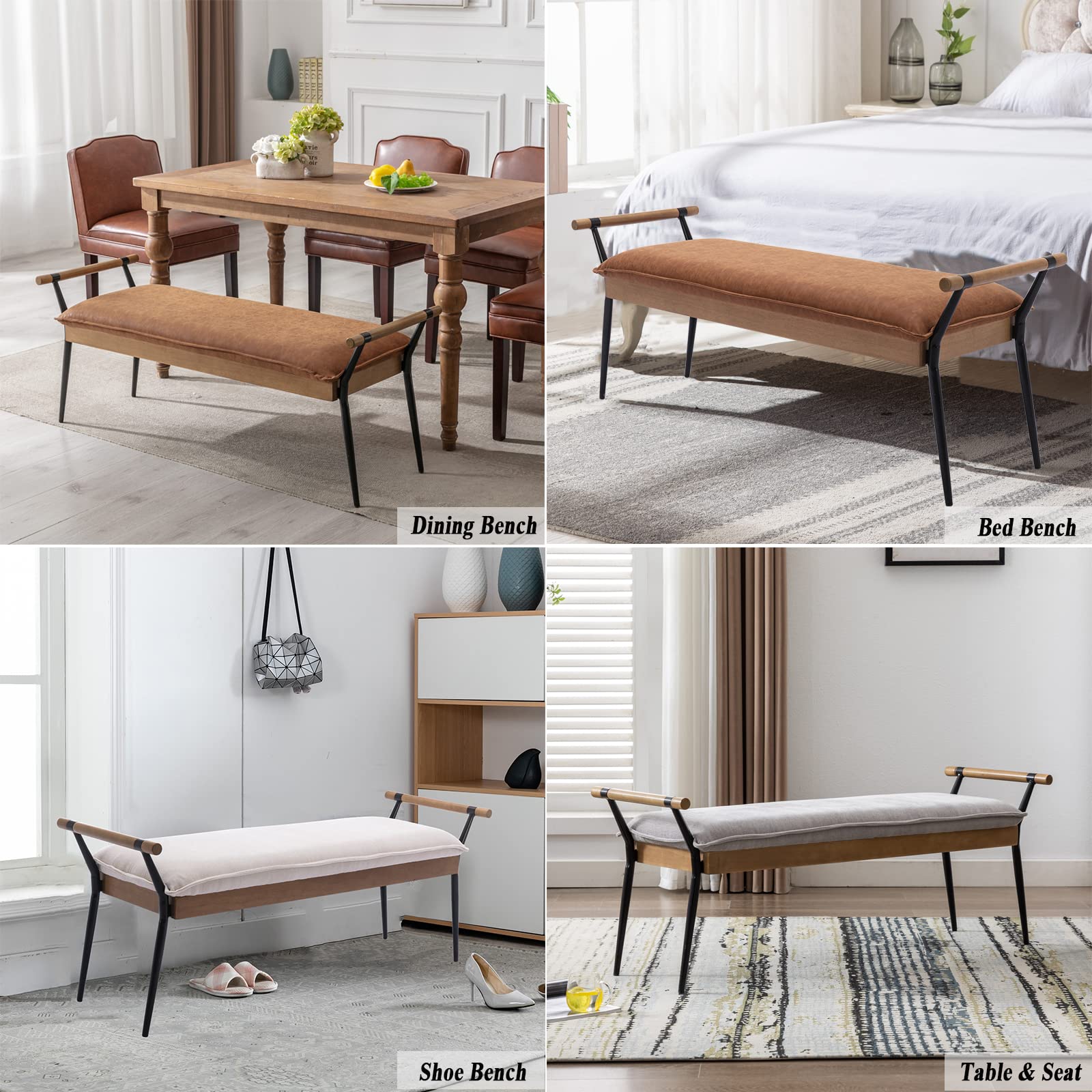 Modern Rectangle Ottoman Bench with Arms & Metal Legs - Mid Century PU Dining Table Bench, Footstool & Entryway Shoe Storage - Perfect for Living Room, Bedroom & Dining Room - Brown