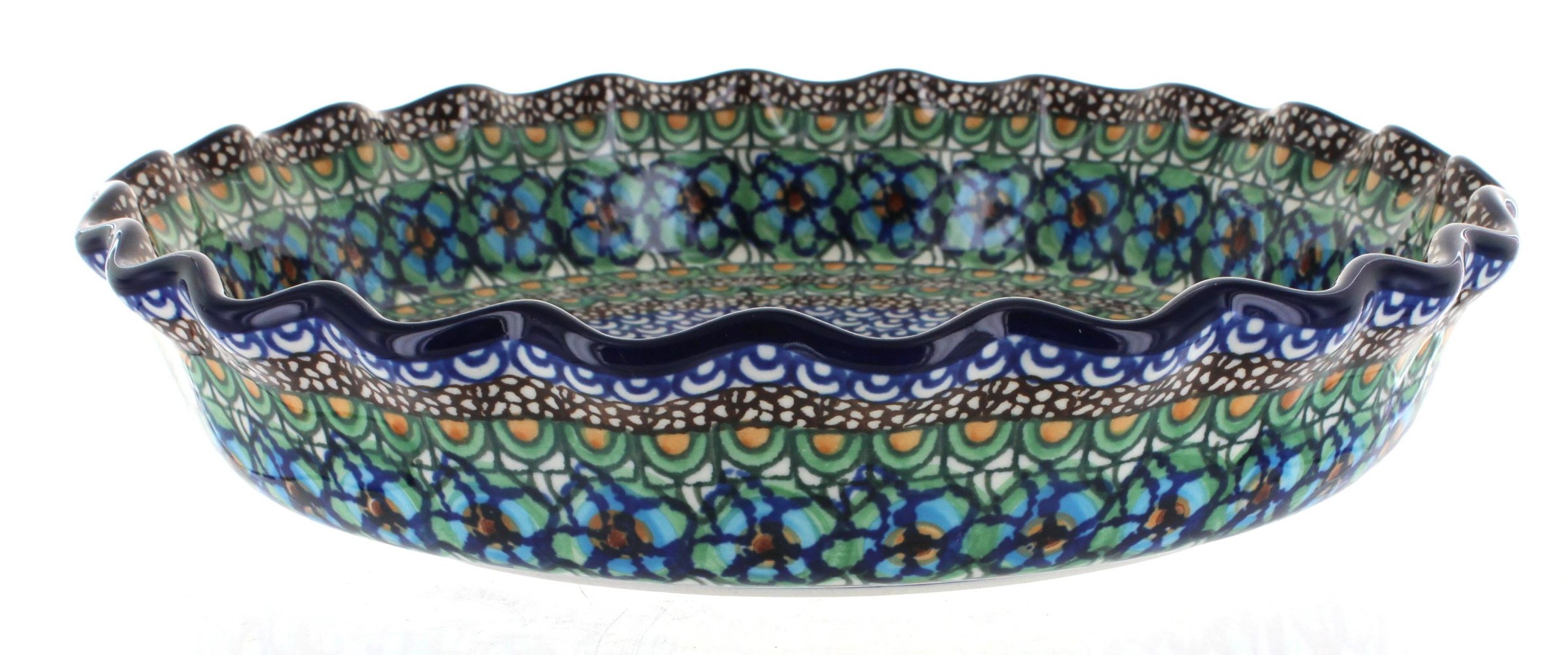 Authentic Polish Pottery 10-inch Fluted Pie Dish - Handcrafted Ceramika Artystyczna UNIKAT with Certificate (Mardi Gras Theme) - Perfect for Baking, Serving & Holiday Gifts
