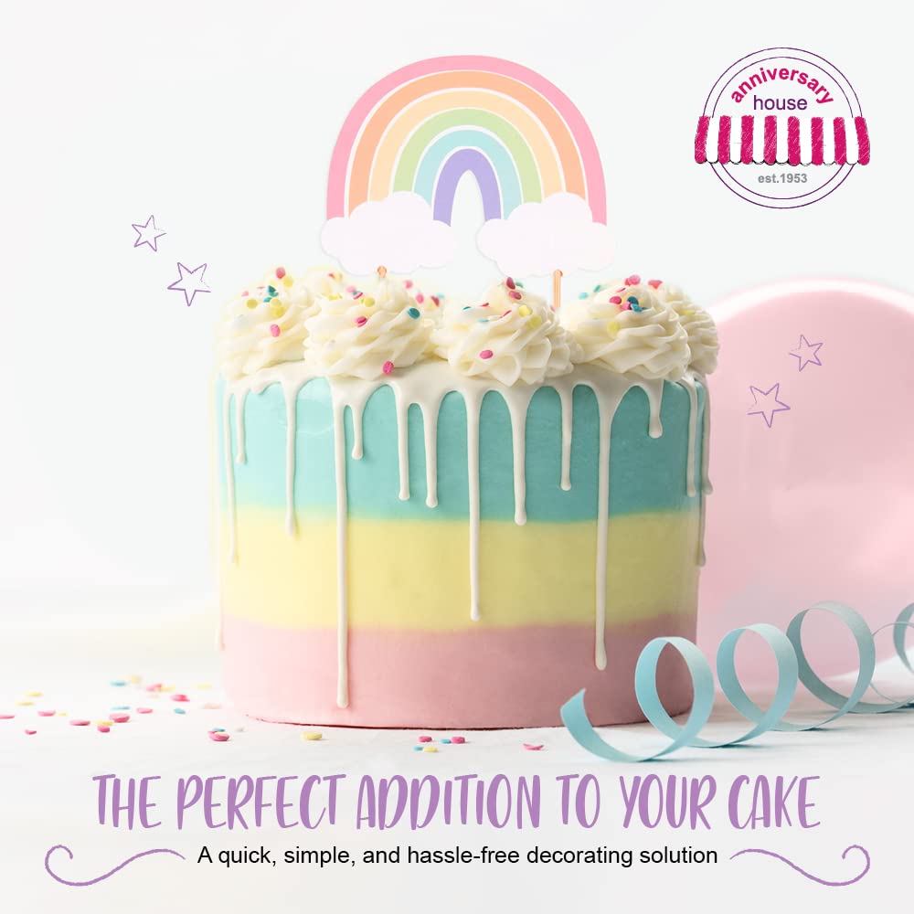 Anniversary & Birthday Rainbow Cake Topper - 12x9cm Pastel Rainbow Cake Decorations | Sturdy Paper Topper for Wedding, Baby Shower & Party Cakes | J150