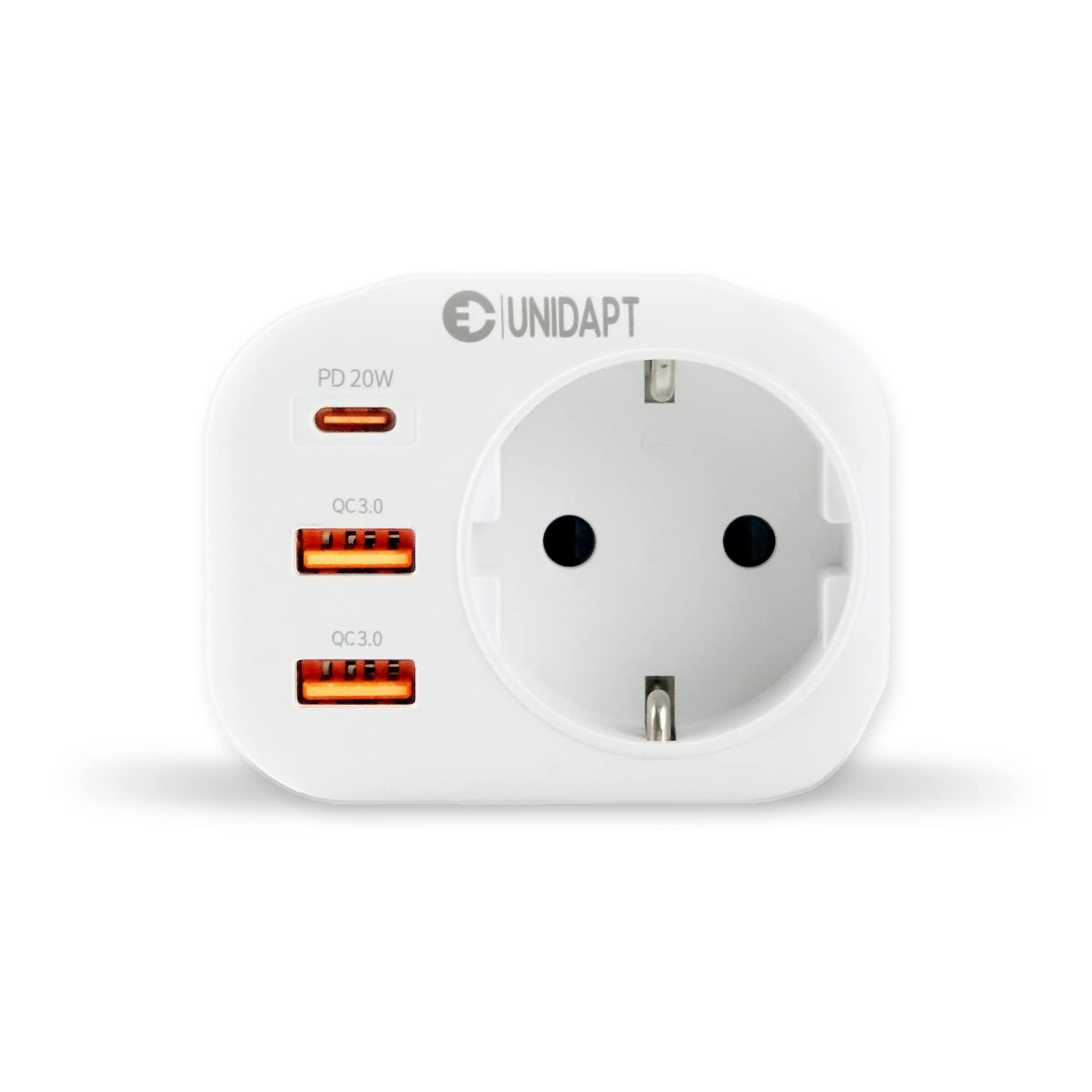 20W USB C Wall Charger with Fast Charging - Unidapt 3-Port USB Outlet (2 USB-A QC 3.0 + 1 PD USB-C) 4000W(16A) Multi USB Charger Adapter - Perfect for Home, Office & Travel (White)