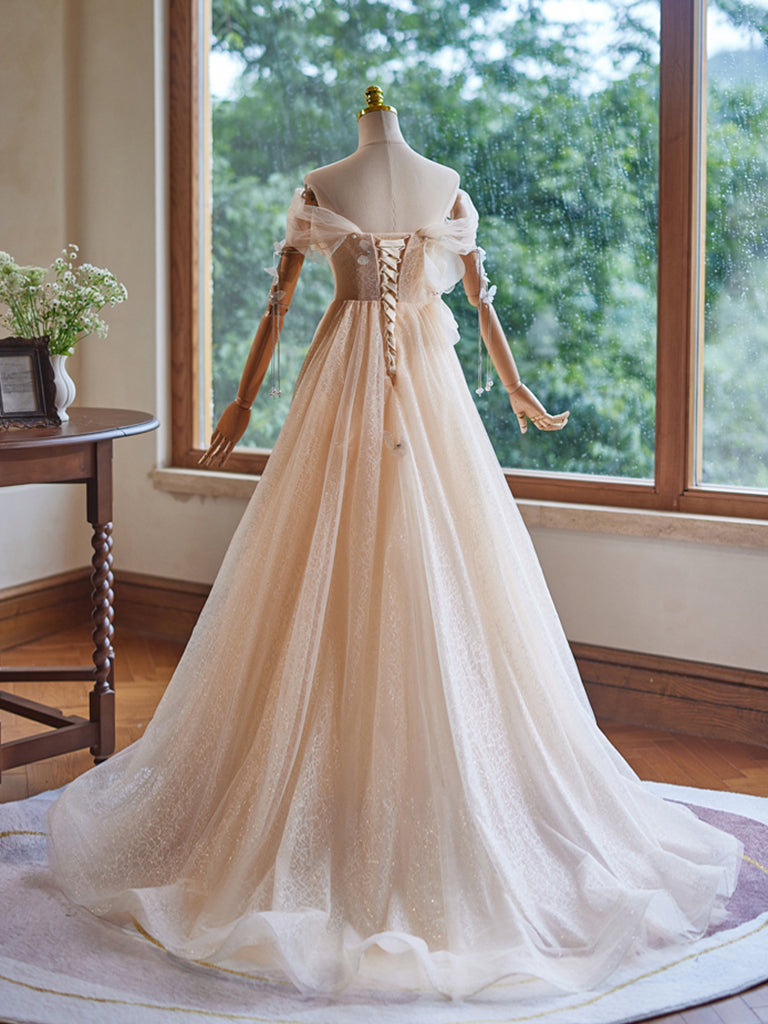 Elegant A-Line Off Shoulder Tulle Beaded Champagne Long Prom Dress for Homecoming, Wedding & Special Occasions