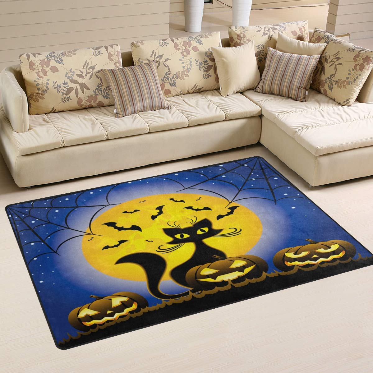 ALAZA Halloween Cat Pumpkin Moon Non-Slip Area Rug - 60x39 Inch Pet-Friendly Floor Mat for Living Room, Bedroom & Dorm Decor | Perfect for Halloween Party, Fall Home Decor & Cozy Pet Play Area