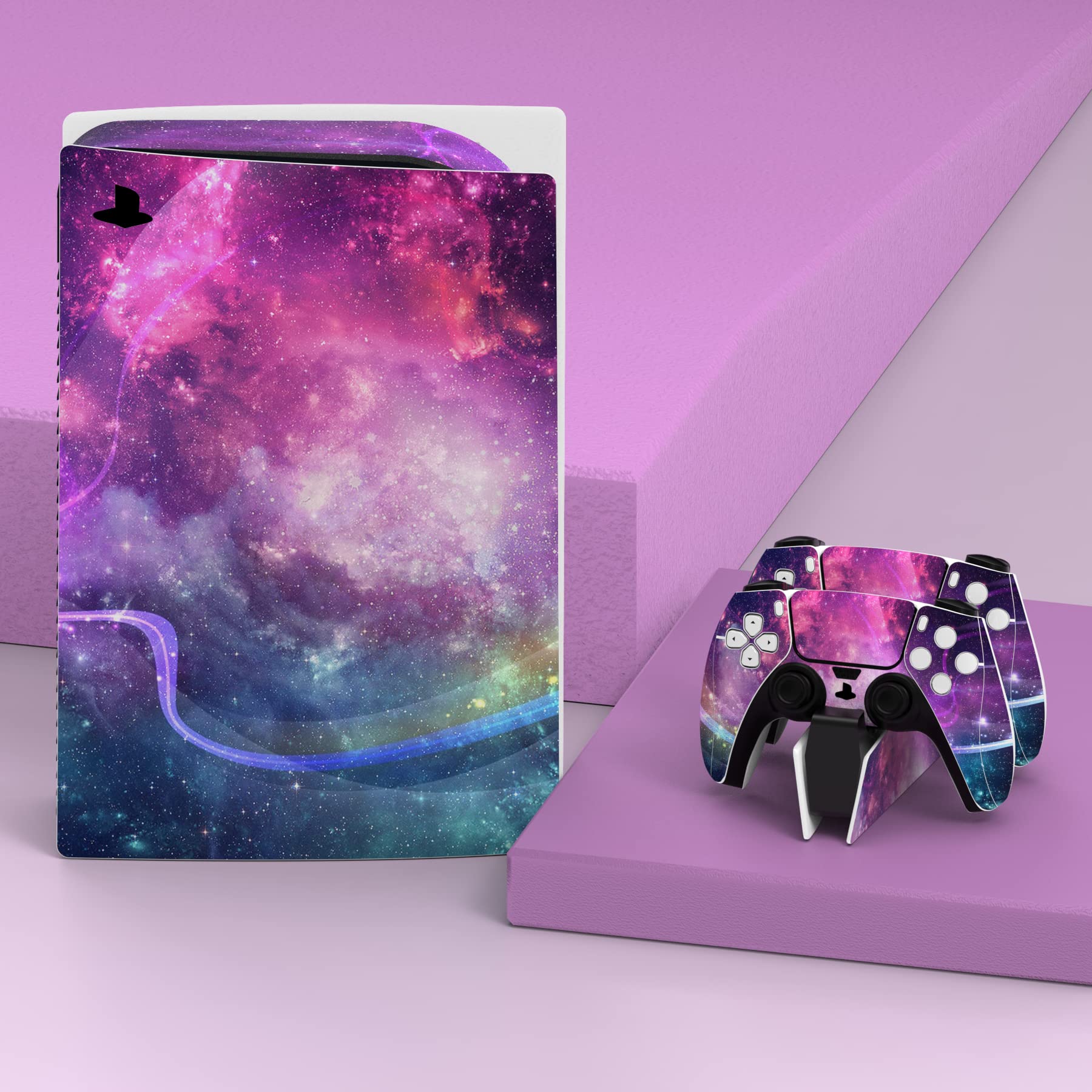 PlayVital Purple Galaxy Full Skin Decal Set for PS5 Console Disc Edition - Vinyl Sticker Cover for PS5 Controller, Charging Station, Headset & Media Remote - Gaming Accessories for Ultimate Customization & Protection