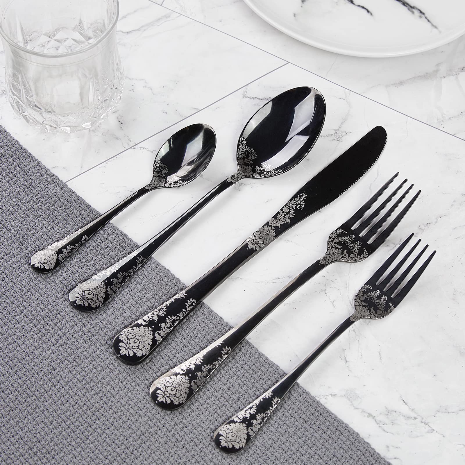 20-Piece Stainless Steel Flatware Set - Black Silverware Cutlery Set with Flower Pattern Handle for 4 People, Mirror Polished Kitchen Utensils for Dining, Parties, and Everyday Use