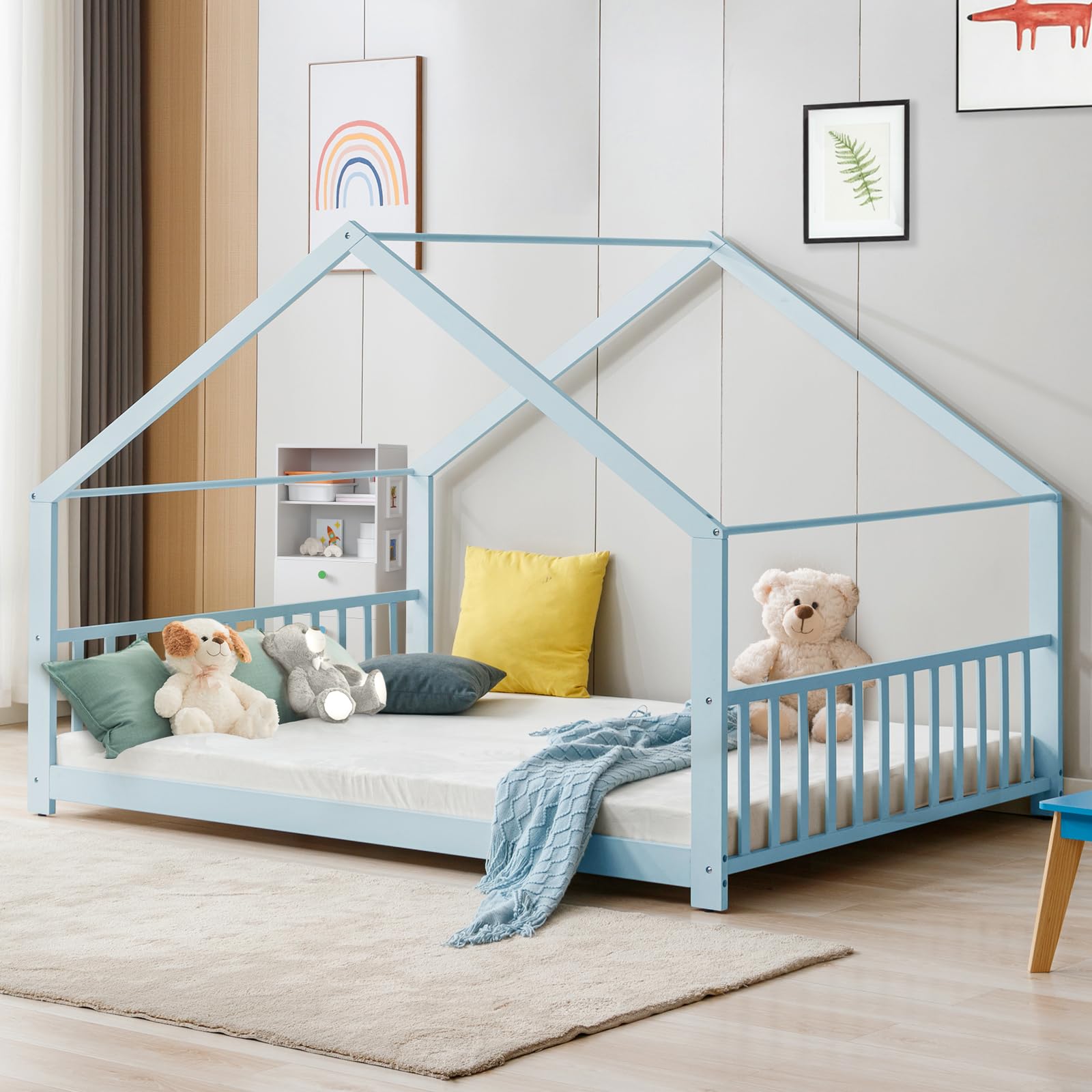 Montessori Floor Bed Full Size - Wooden House Bed Frame with Roof for Kids - Blue - Perfect for Boys & Girls Bedrooms, Playrooms & Montessori Learning Spaces