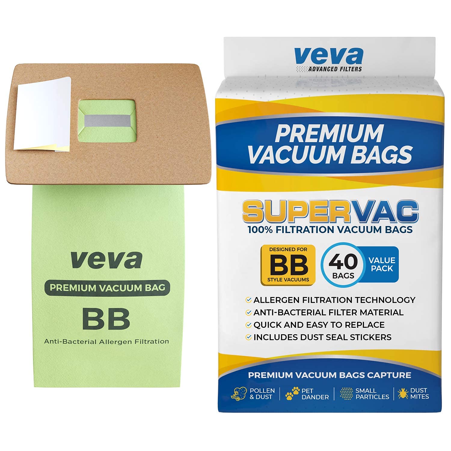 VEVA 40 Pack Premium SuperVac Vacuum Bags Style BB - Compatible with Handheld Vacuums BB180, BB280, BB850-1200 | Replacement Filters for Dust & Pet Hair | Ideal for Home Cleaning, Car Detailing & Small Spaces