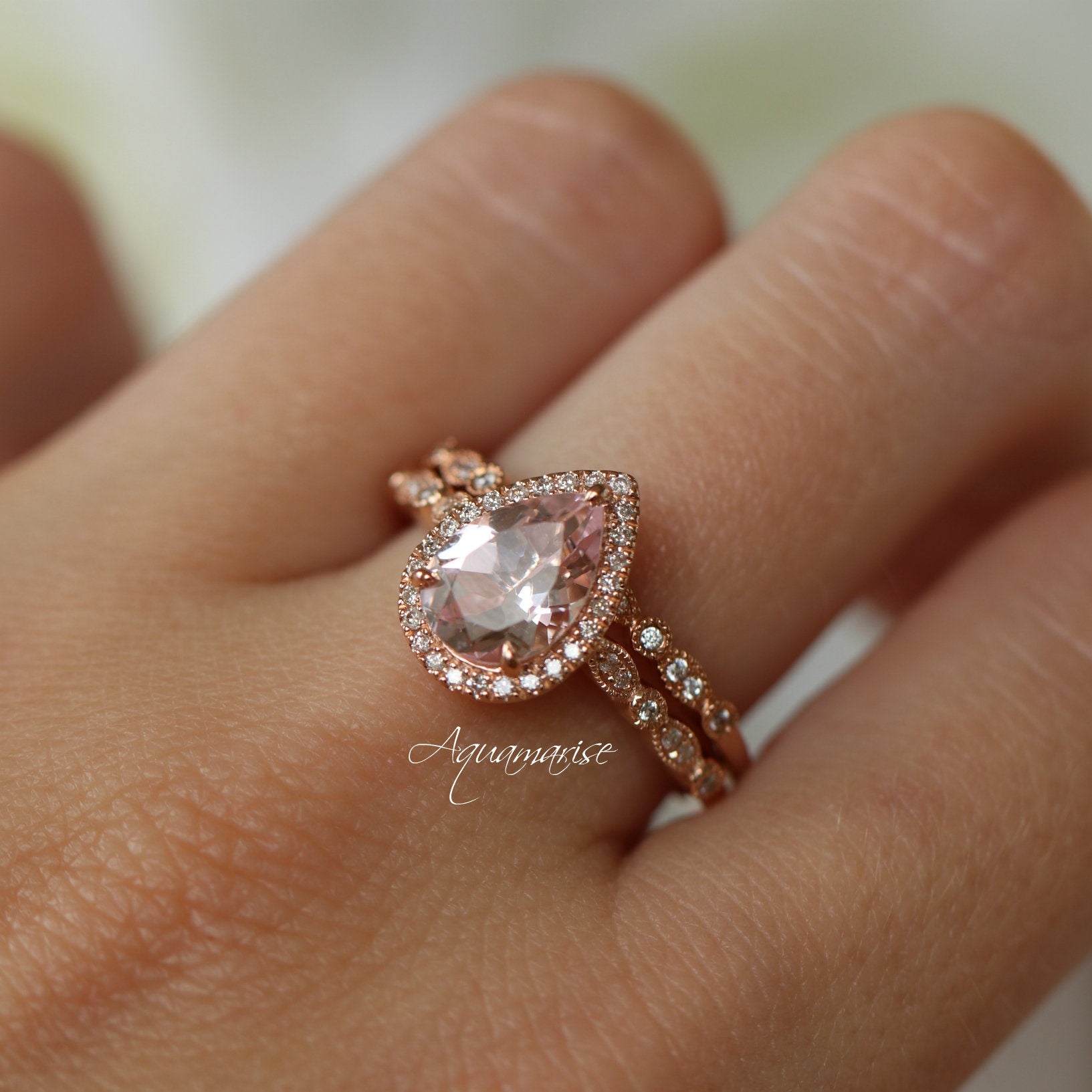 Luxury Teardrop Morganite Engagement Ring - 14K Solid Rose Gold Wedding Band for Women, Perfect for Proposals, Anniversaries & Bridal Jewelry Gifts