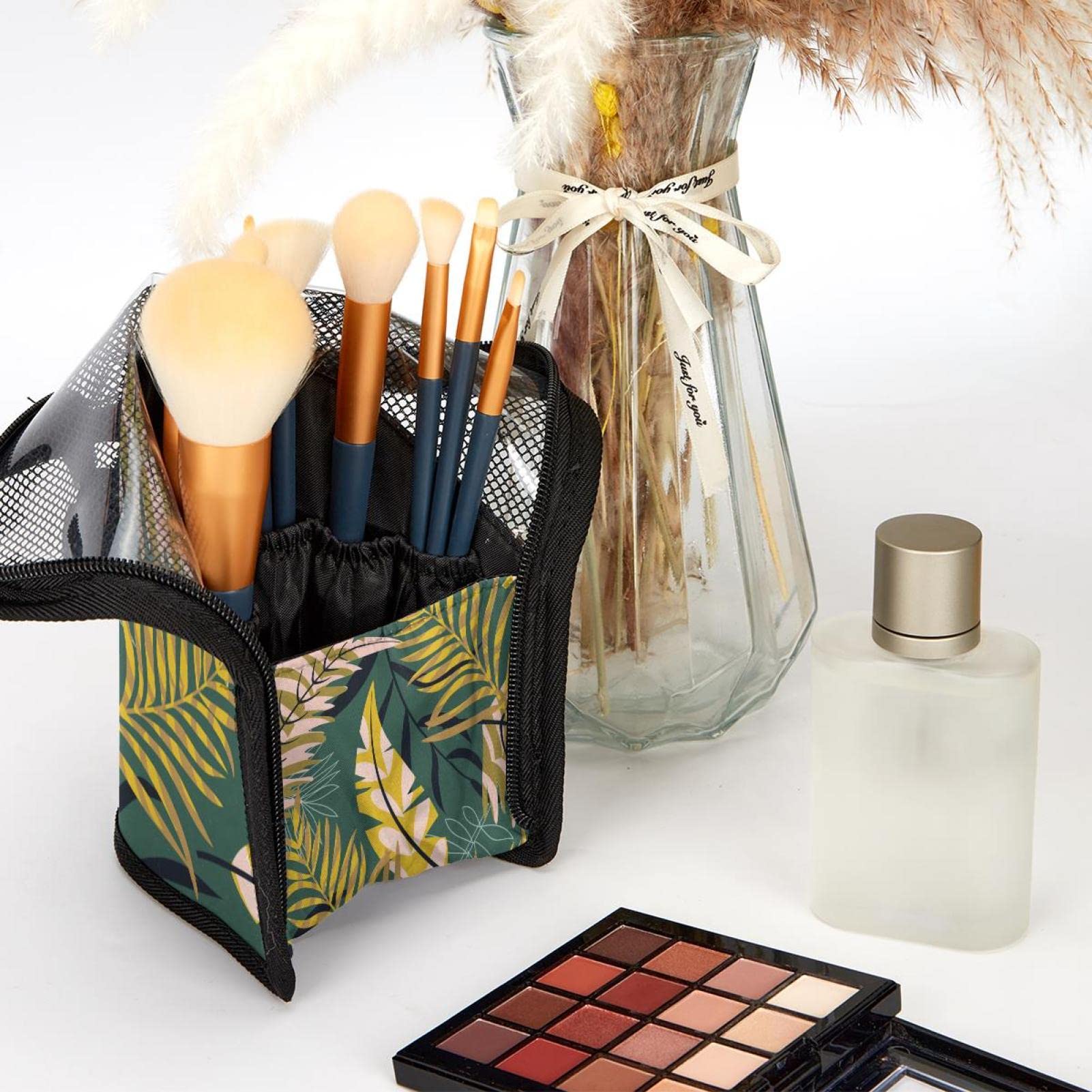 12-Piece Makeup Brush Organizer Bag with Portable Holder - Tropical Jungle Leaves Green Design - Perfect for Travel, Home Storage & Professional Makeup Artist Kit