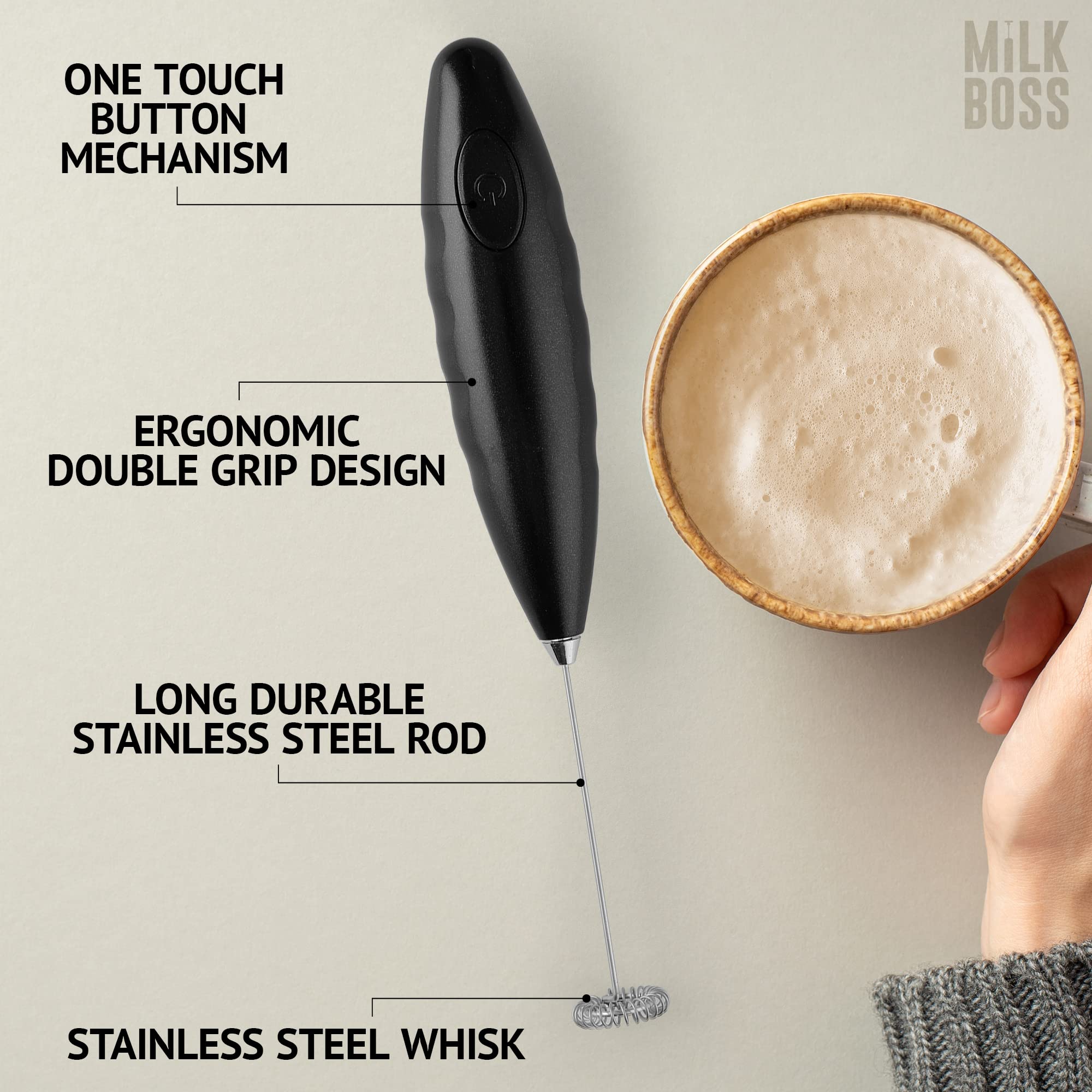 Premium Handheld Milk Frother for Coffee, Matcha & Hot Chocolate - Automatic Electric Foam Maker - Mini Drink Mixer Wand by Milk Boss (Black) - Perfect for Lattes, Cappuccinos & Home Baristas