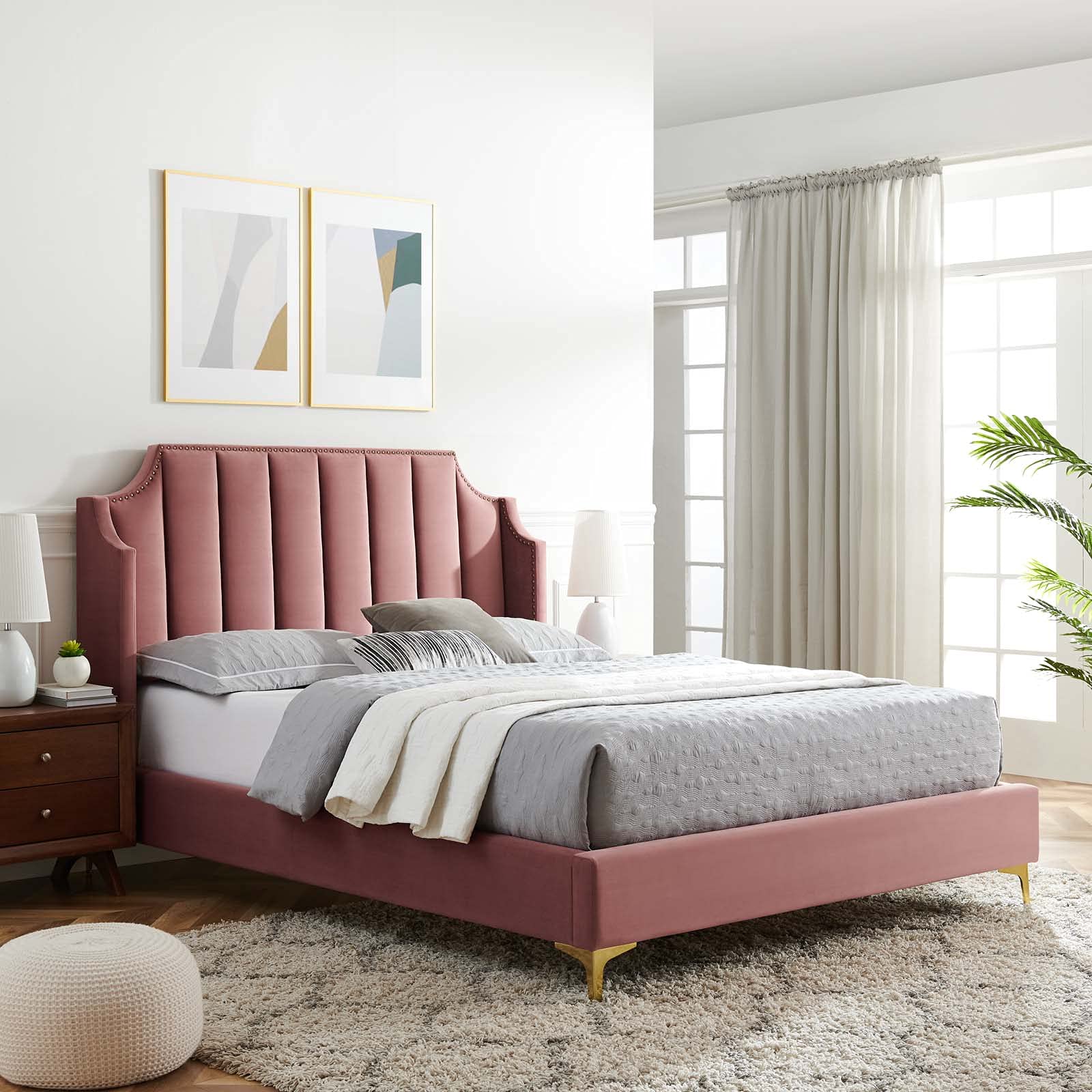 Modway Daniella Queen Size Platform Bed Frame in Dusty Rose - Modern Minimalist Bedroom Furniture for Small Spaces & Apartment Living
