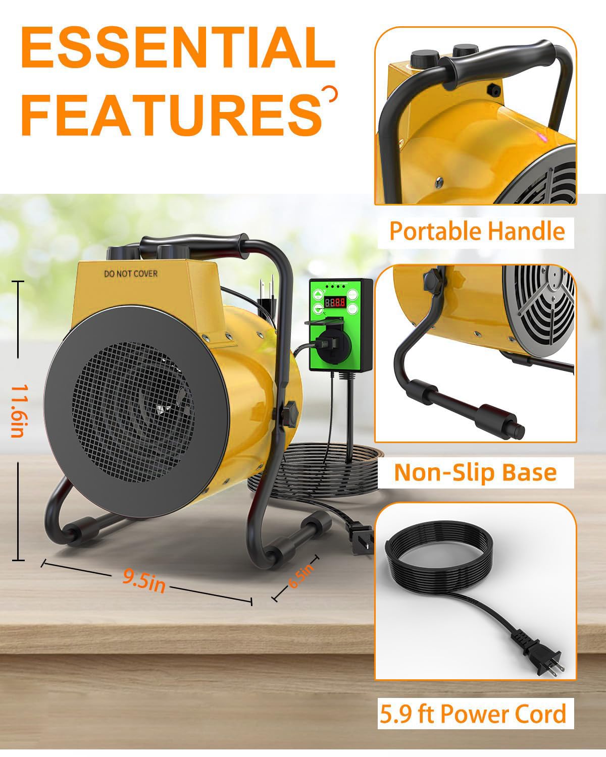 Buyplus 1500W Greenhouse Heater with Digital Thermostat - Outdoor Electric Space Heater for Patio, Garage & Greenhouse - Fast 3S Heating with Overheat Protection - Perfect for Winter Gardening, Plant Protection & Indoor/Outdoor Heating