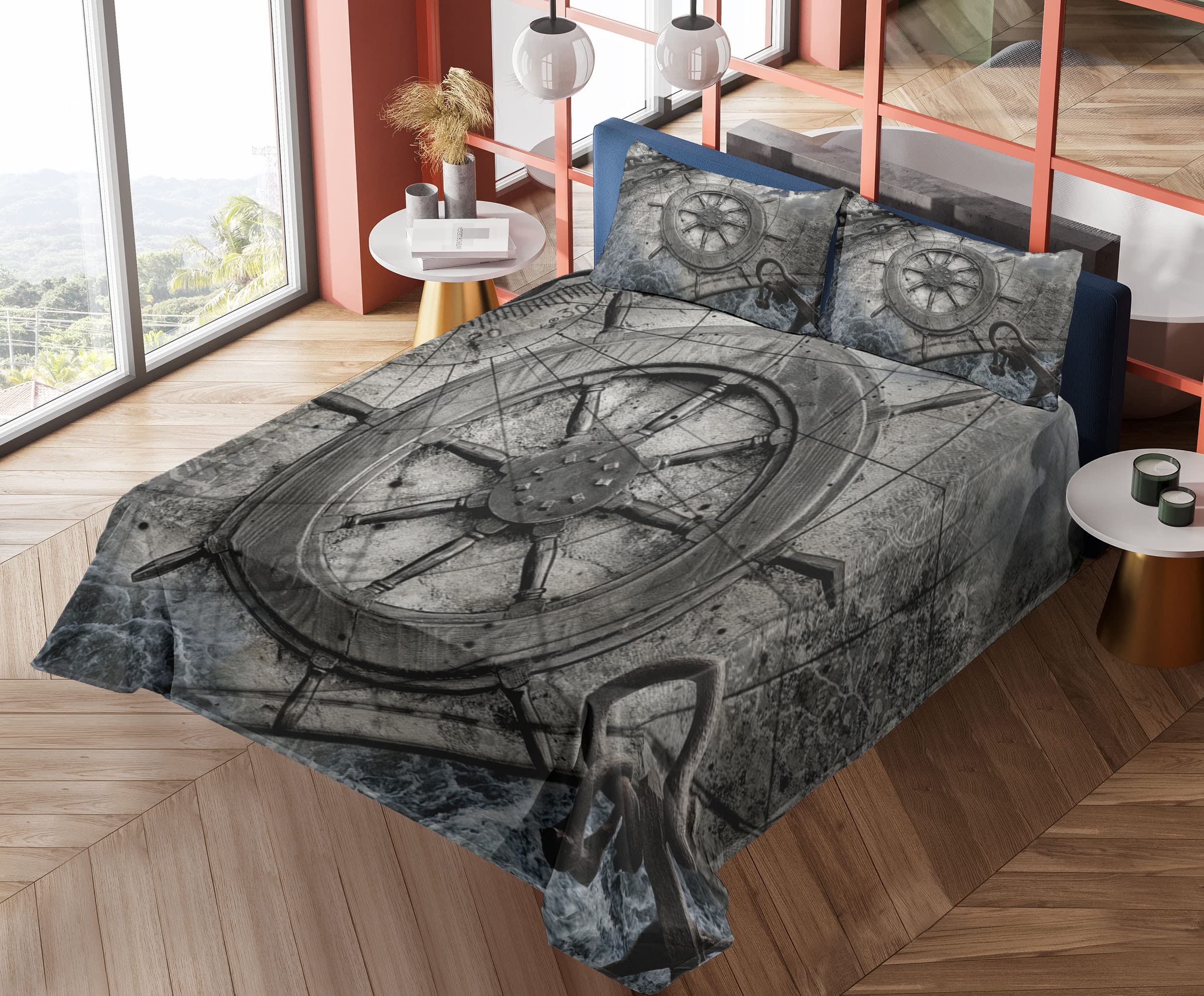 Ambesonne Nautical Themed 3-Piece Bed Sheet Set - Retro Ships Wheel, Anchor & Navigation Charts Design, Twin XL, Charcoal Gray | Perfect for Coastal Decor, Sailor's Bedroom & Maritime Theme Rooms