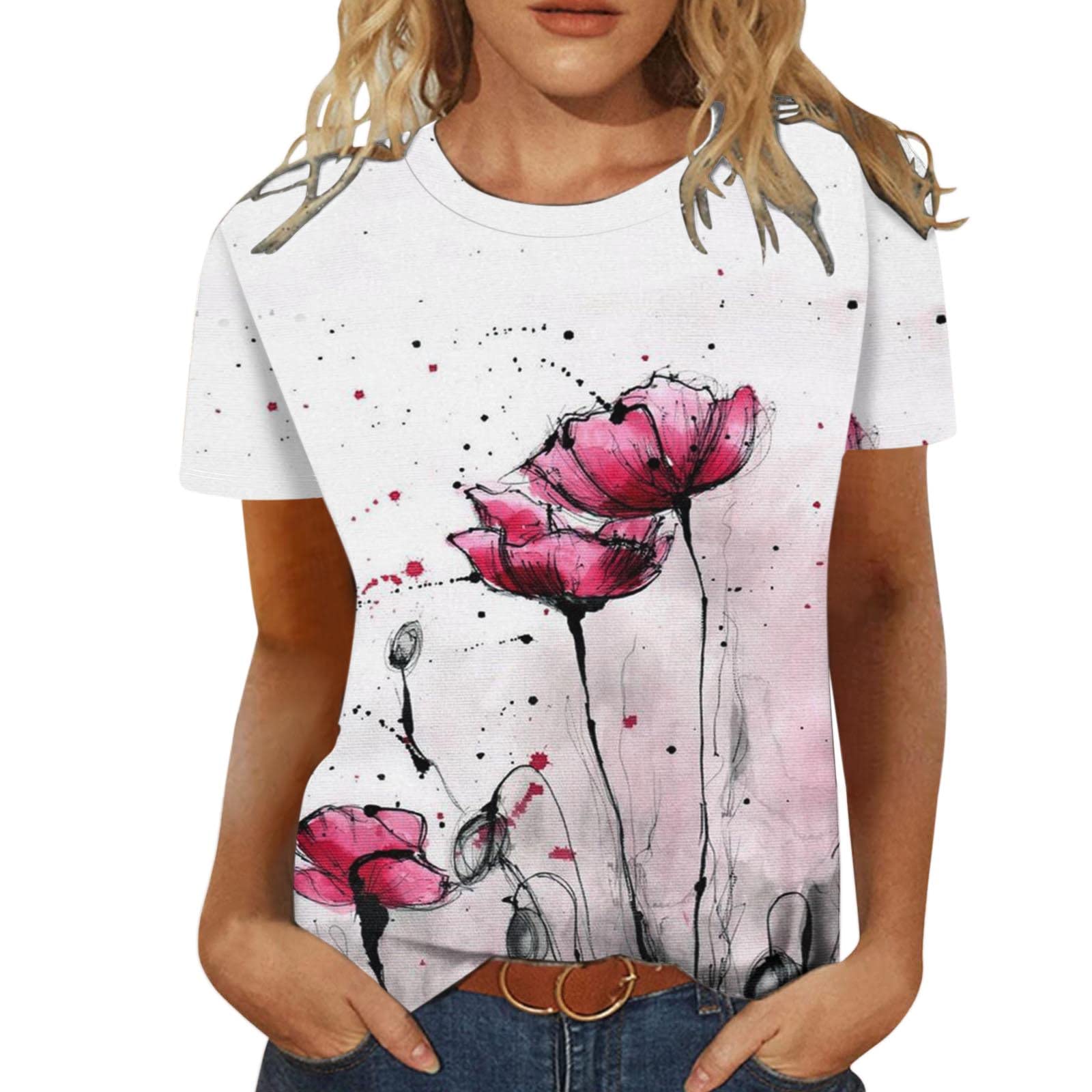 Women's Casual Summer Floral Short Sleeve Round Neck T-Shirt - Black & White Stripe Tee for Everyday Wear, Beach Outings & Weekend Relaxation