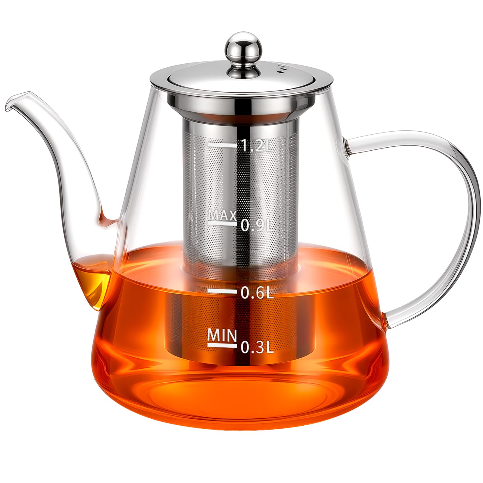 Premium Borosilicate Glass Teapot with Removable Stainless Steel Infuser - 41oz/1200ml Clear Stovetop Tea Kettle with Measurement Scale - Perfect for Blooming, Loose Leaf & Herbal Tea Brewing - Ideal for Home, Office, Camping & Outdoor Use