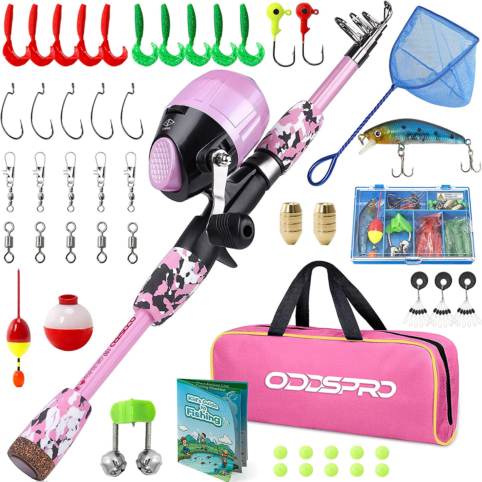 ODDSPRO Pink Kids Fishing Pole - Telescopic Fishing Rod & Reel Combo Kit with Tackle Box for Girls & Youth | Portable Outdoor Fishing Gear for Beginners, Camping, Beach & Backyard Fun