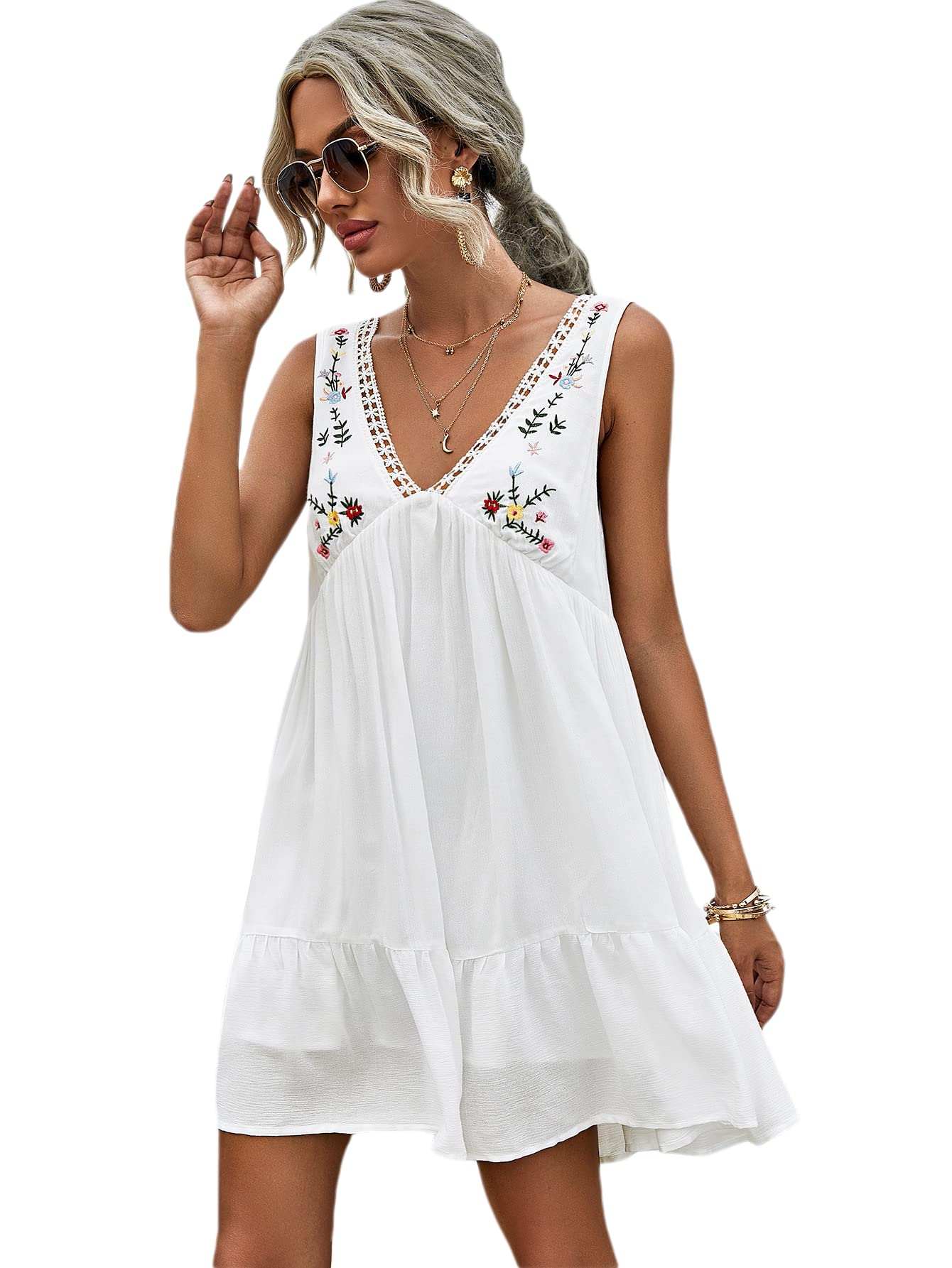 MakeMeChic Women's Floral Embroidered Sleeveless V-Neck Ruffle Mini Tunic Dress - Summer Shift Dress for Beach, Party & Casual Outings