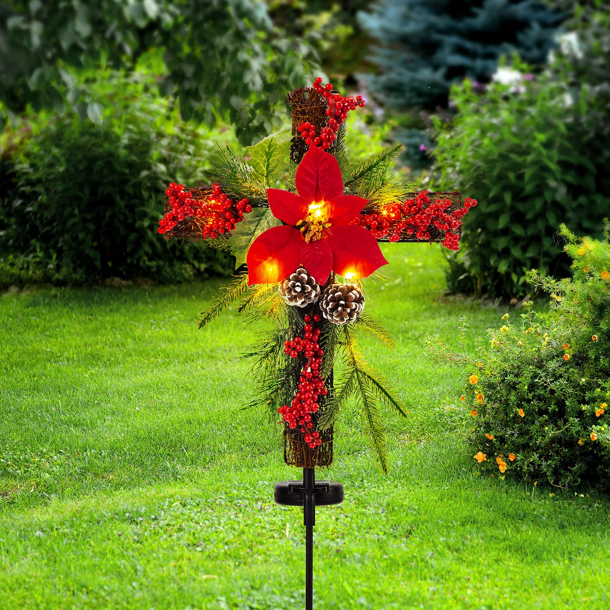 Outdoor Solar Christmas Decorations LED Lights - Waterproof Cross Stake for Garden, Lawn, Yard & Cemetery - Set of 2 with Faux Pine Cones & Foliage - Perfect for Holiday Grave Decorations & Festive Outdoor Lighting