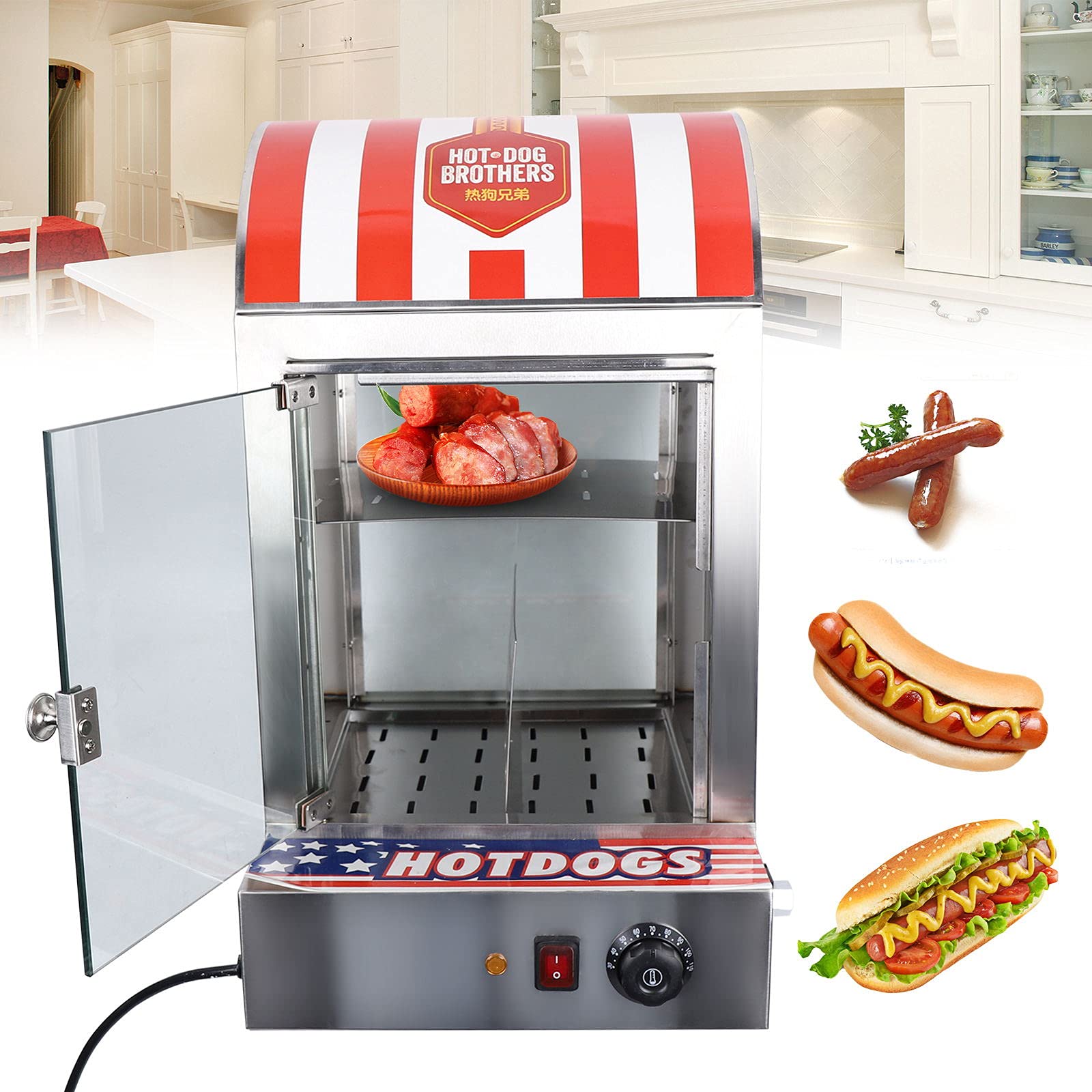 1500W Commercial Electric Hot Dog Steamer Machine - 110V Hot Dog Warmer for Buns & Sausages (30-110℃/86-230℉) | Perfect for Hot Dog Stands, Food Trucks & Concession Businesses
