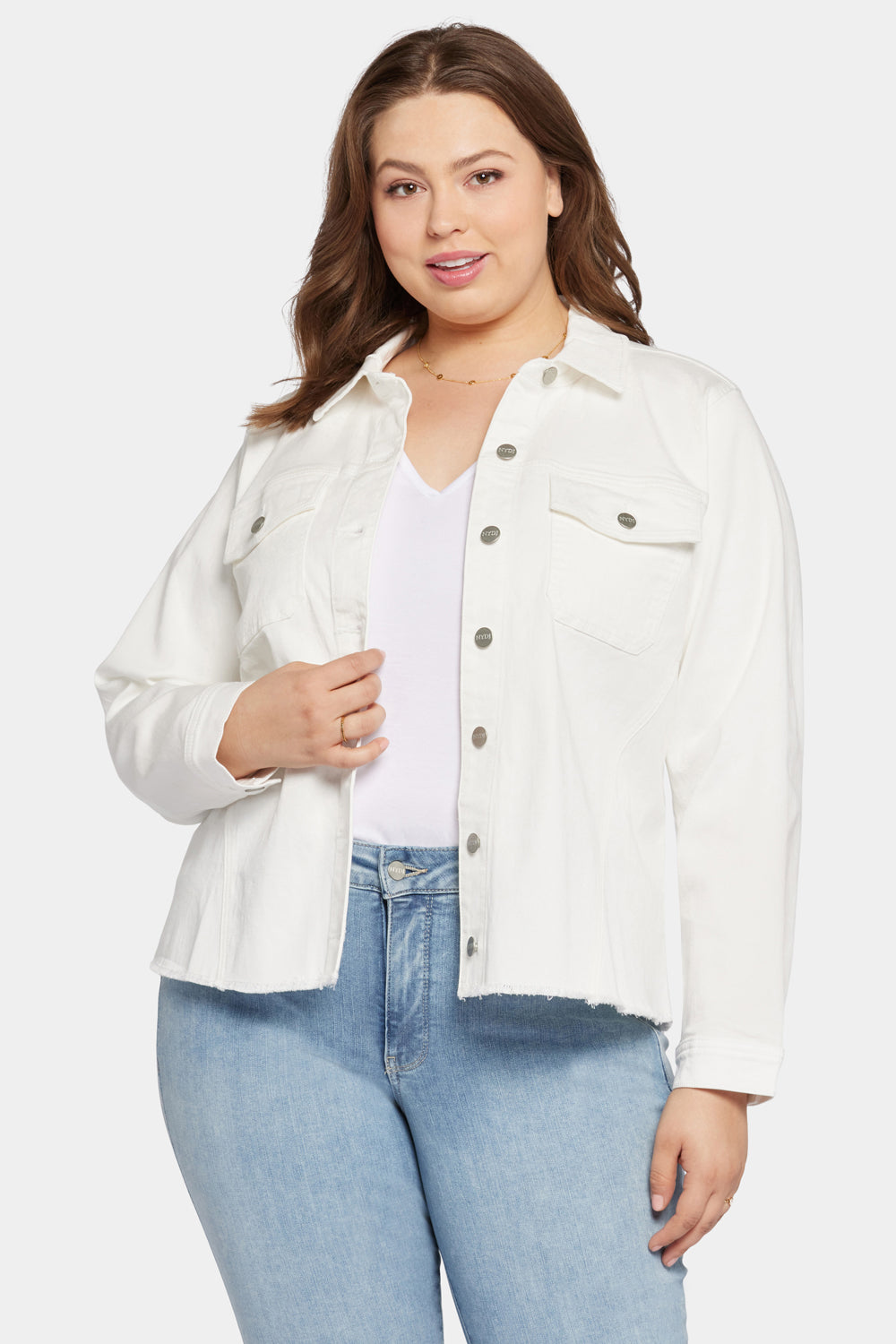 Plus Size Frayed Hem Jacket in Optic White - Trendy Distressed Denim Jacket for Women, Casual Outerwear for Street Style & Layering