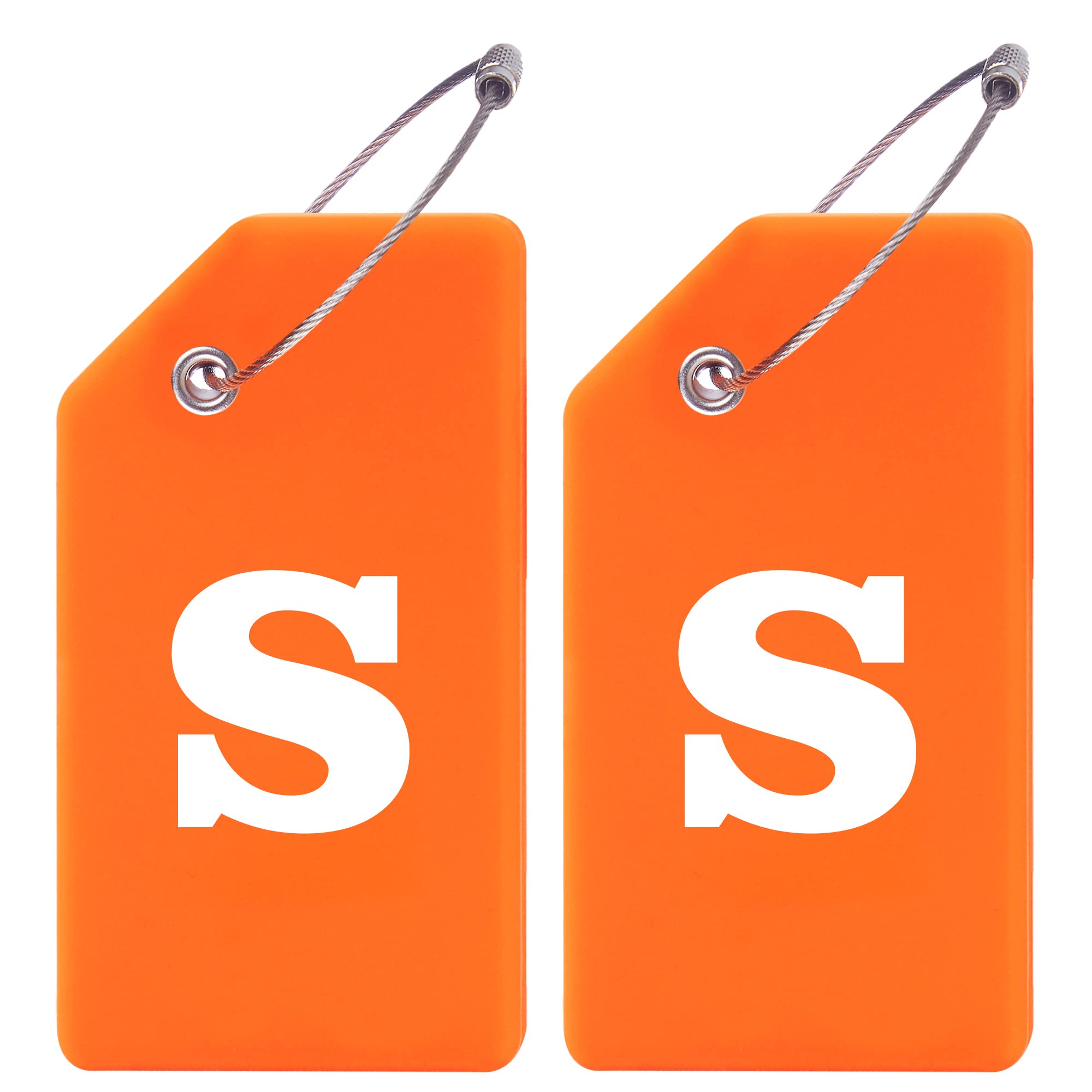 Gostwo 2 Pack Silicone Luggage Tags for Suitcases - Durable 26 Initial Letter Baggage Labels with Stainless Steel Loop (Orange, Letter S) - Perfect for Travel, Handbags, School Bags & Instrument Cases