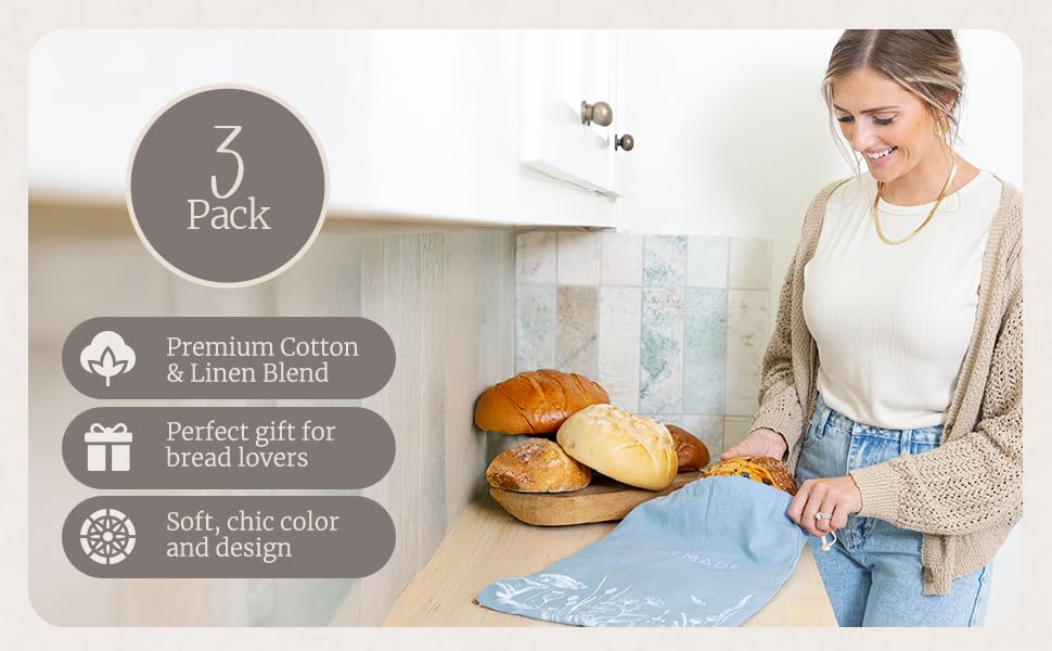 Eco-Friendly Reusable Linen Bread Bags - 3 Pack XL (16.5 x 12 Inches) for Homemade Bread Storage | Perfect for Bakery Freshness, Sandwich Wrapping & Sustainable Kitchen Use
