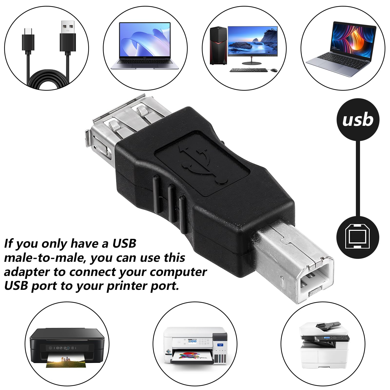 2-Pack USB 2.0 A Female to B Male Adapter - Printer Connector for Office & Home Use