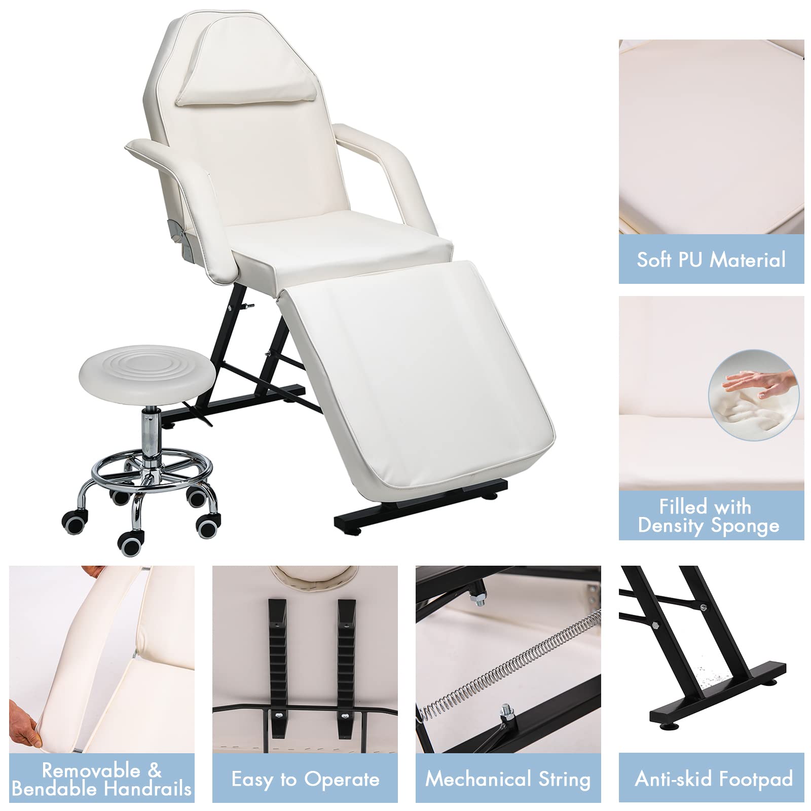 Vanimeu White Adjustable Massage Table with Stool - 3-Section Salon Tattoo Lash Bed, Removable Armrests & Headrest for Spa, 185x85x65cm - Perfect for Massage Therapy, Beauty Salon, Tattoo Parlor & Home Use