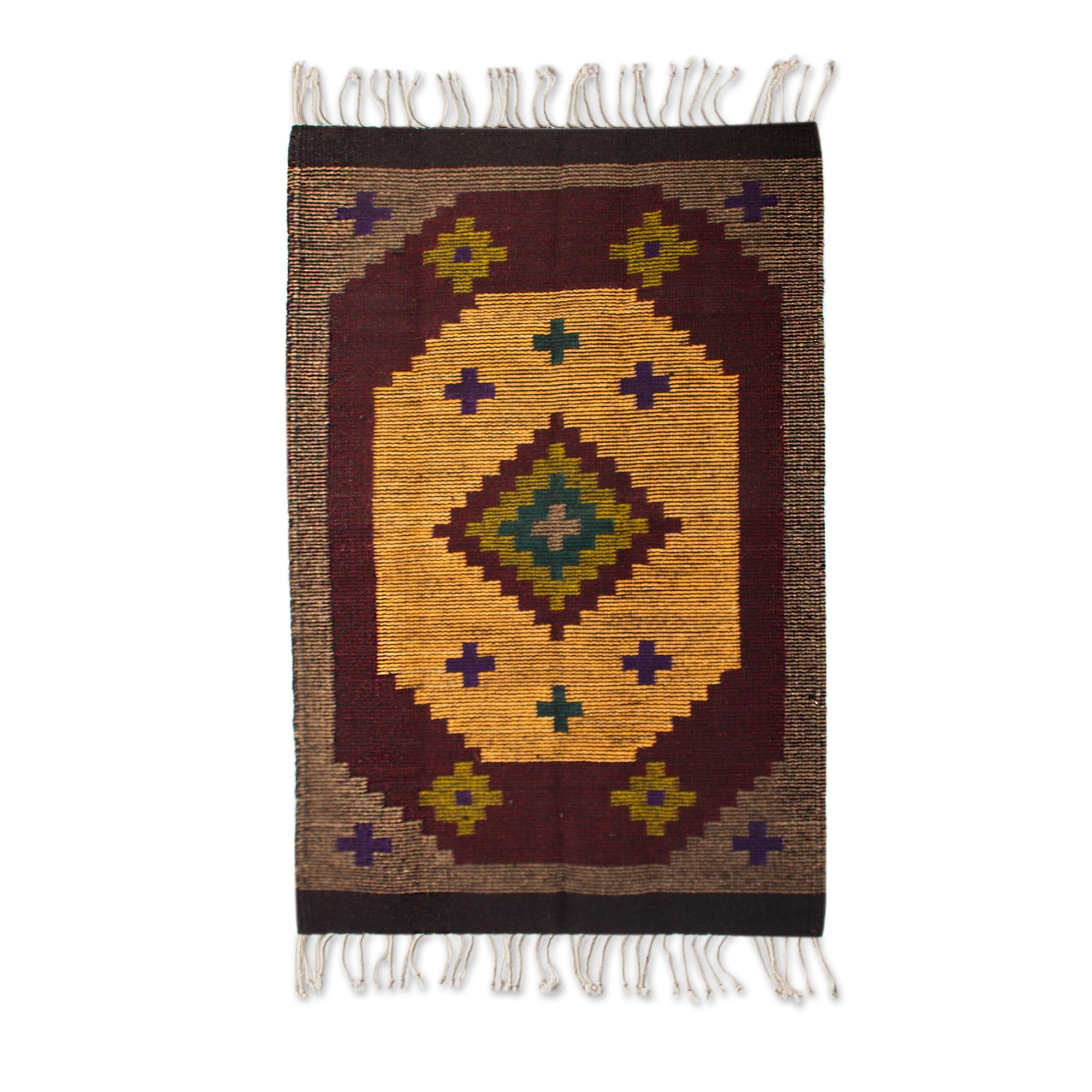 Handmade Zapotec Wool Area Rug 2'x3' - 'Stargazer' Brown Geometric Design | Authentic Mexican Home Decor for Living Room, Bedroom & Boho Style Spaces