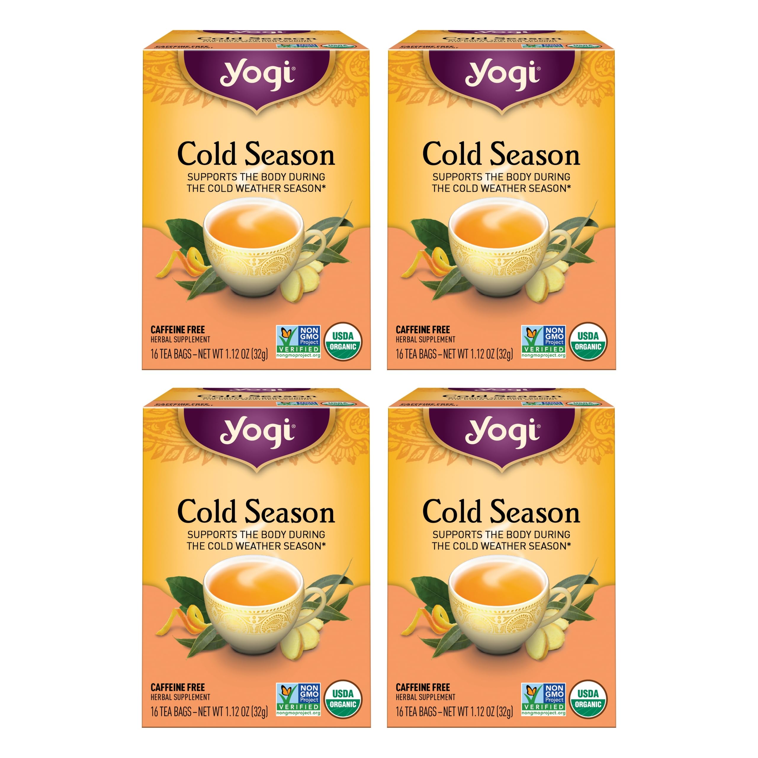Organic Yogi Cold Season Tea - 16 Tea Bags per Pack (4 Packs) - Herbal Respiratory Support with Ginger, Cardamom & Eucalyptus - Immune Boosting Tea for Winter & Flu Season - Perfect for Cold Relief, Wellness & Relaxation