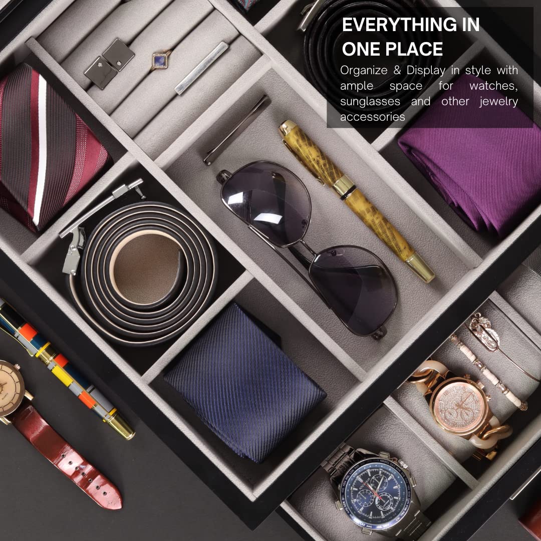Premium Wooden 9-Slot Watch Box with Jewelry Storage - Luxury Watch Organizer & Tie Valet Case - Perfect for Men's Dresser, Travel & Gift Giving