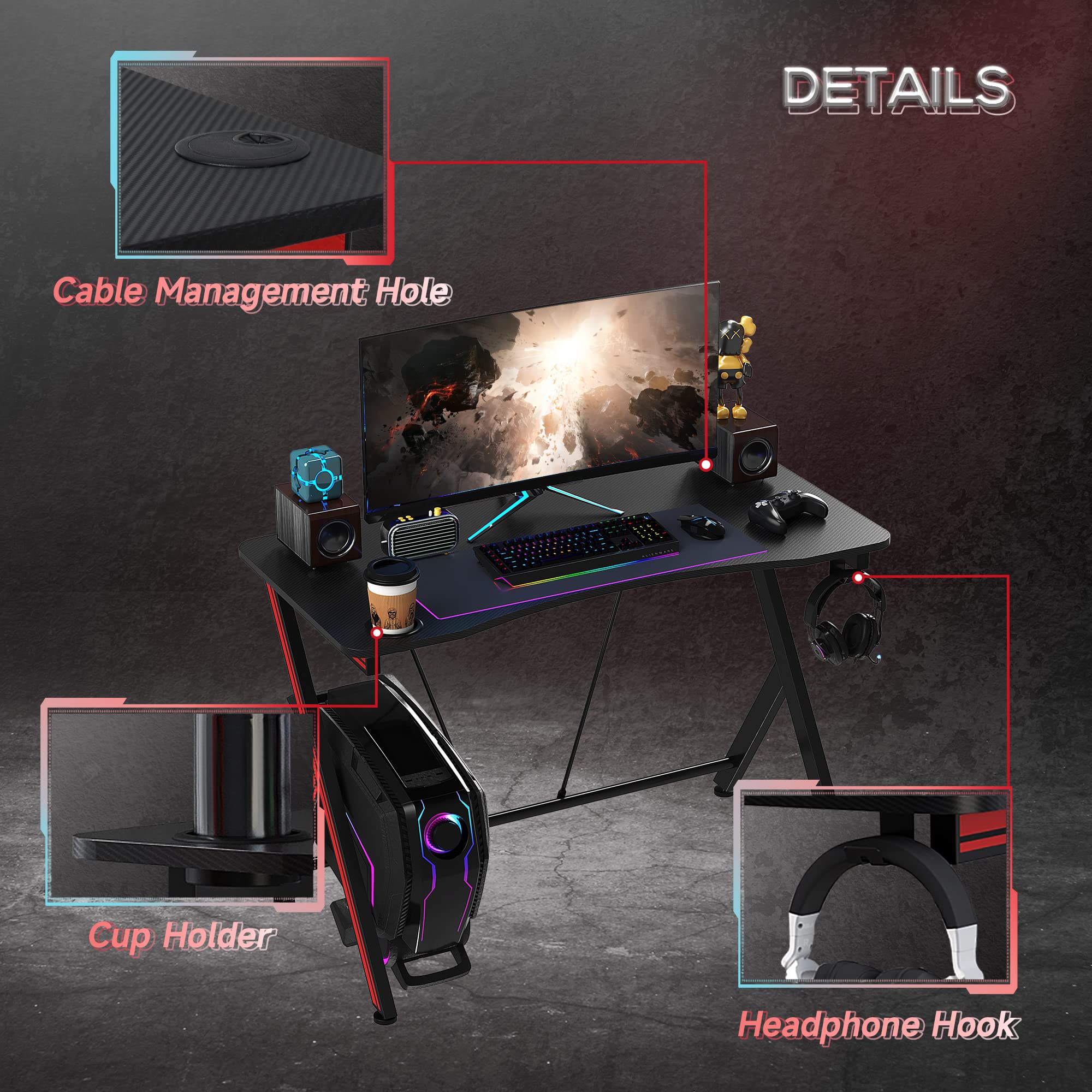 HOMCOM 41 inch Gaming Computer Desk with Cup Holder & Headphone Hook - Carbon Fiber Surface Home Office Workstation for PC Gaming & Study - Perfect for Small Spaces & Cable Management