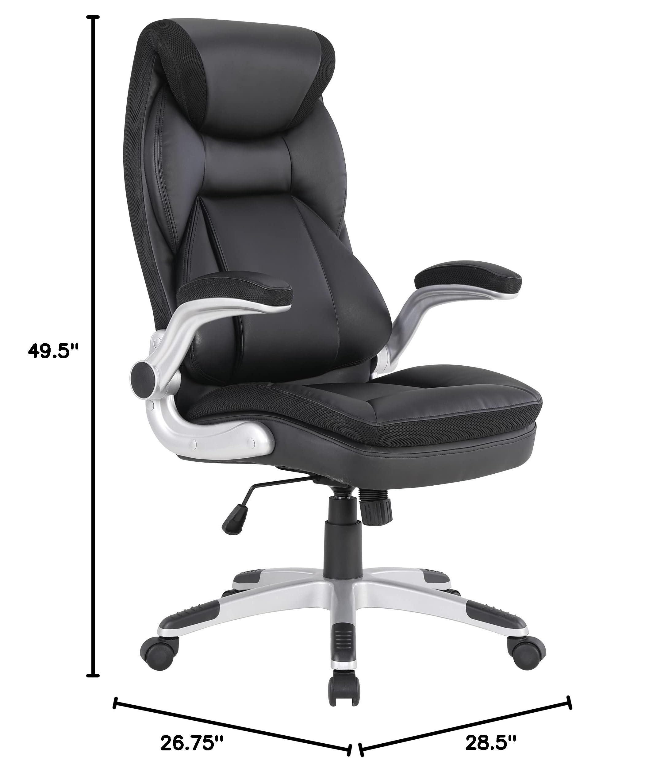 Office Star ECH Series Executive Bonded Leather Office Chair with Lumbar Support & Adjustable Arms - Black with Silver Base | Ergonomic Desk Chair for Home Office, Gaming & Workspace Comfort
