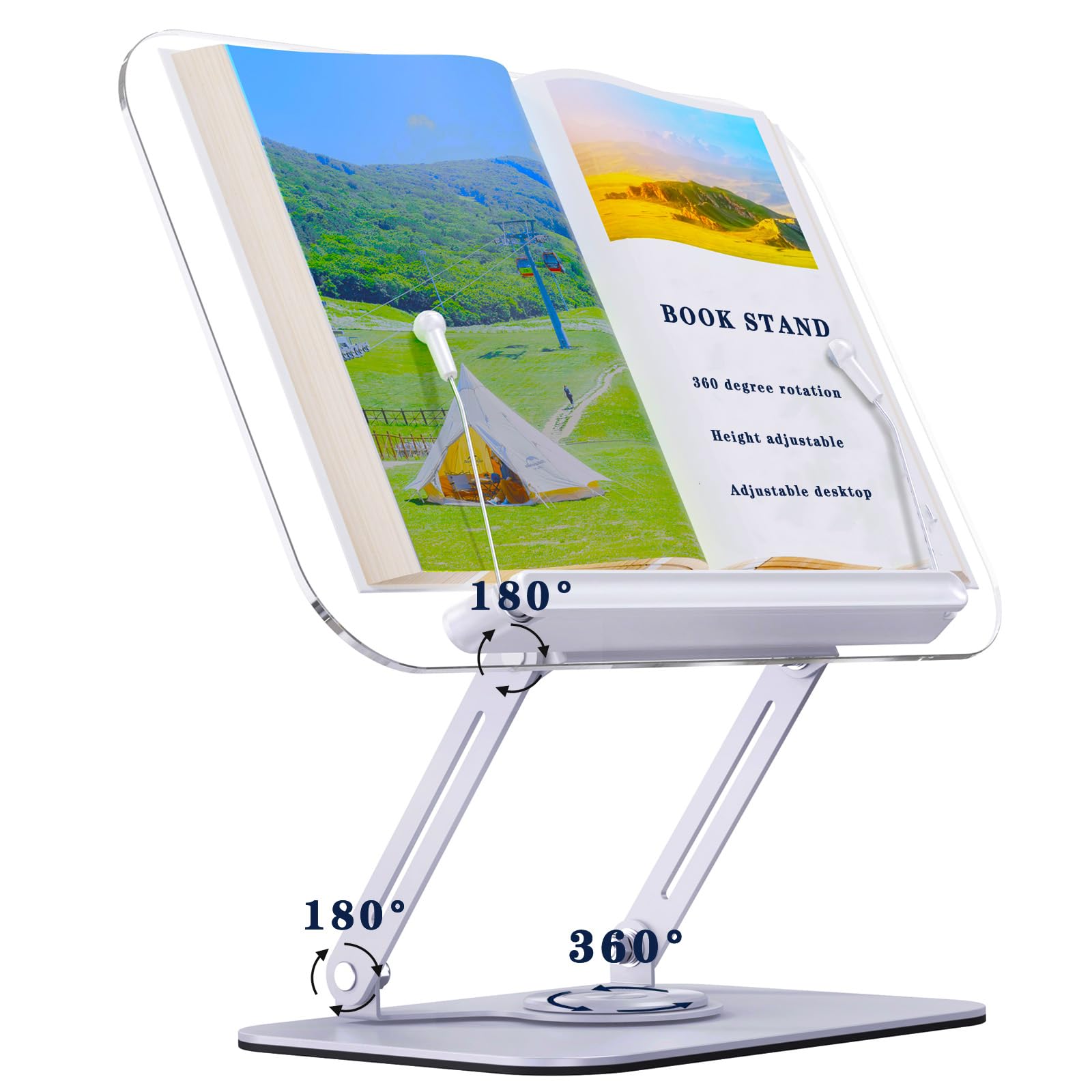 Adjustable Acrylic Book Stand Holder with 360° Rotating Base & Page Clip - Multi-Angle Reading Stand for Cookbooks, Bibles, Laptops & Tablets - Perfect for Hands-Free Reading, Studying & Cooking in Kitchen, Office or Bedroom