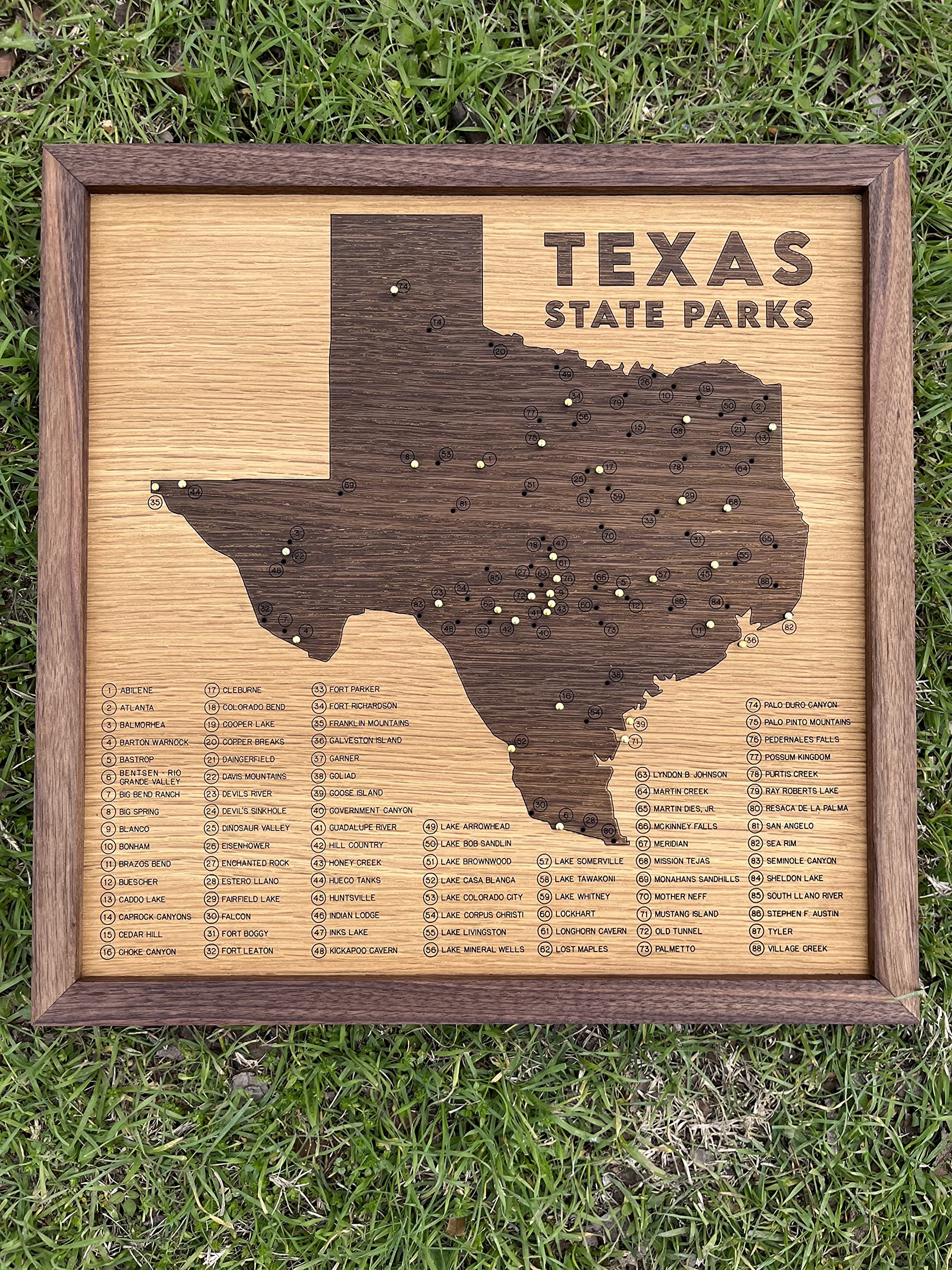 Texas State Parks Push Pin Map - Framed Wooden Travel Tracker for Texas Parks & Wildlife System with Brass Pins - Perfect for Road Trips, Camping Gifts & Adventure Decor