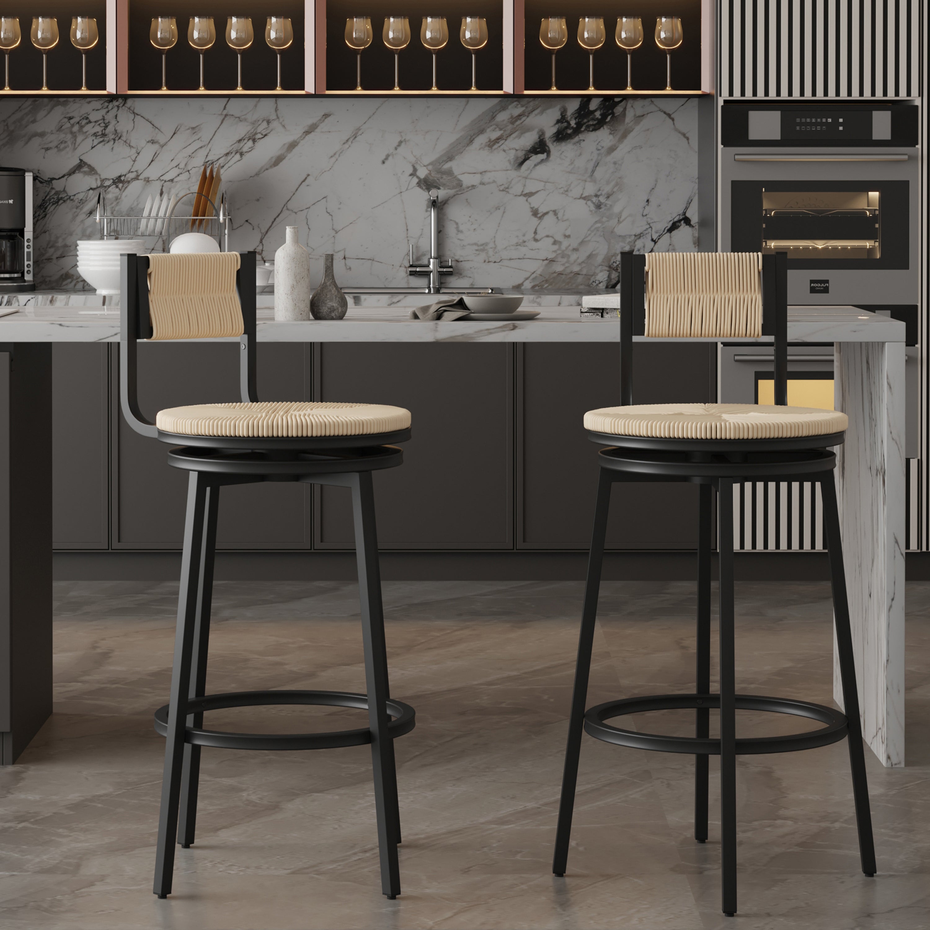 Swivel Bar Stools Set of 2 - Creamy White Counter Height Chairs with Hand Woven Paper Rope Seat & Sturdy Metal Frame - Perfect for Kitchen Island, Breakfast Bar, or Dining Counter - Modern Farmhouse Style Barstools
