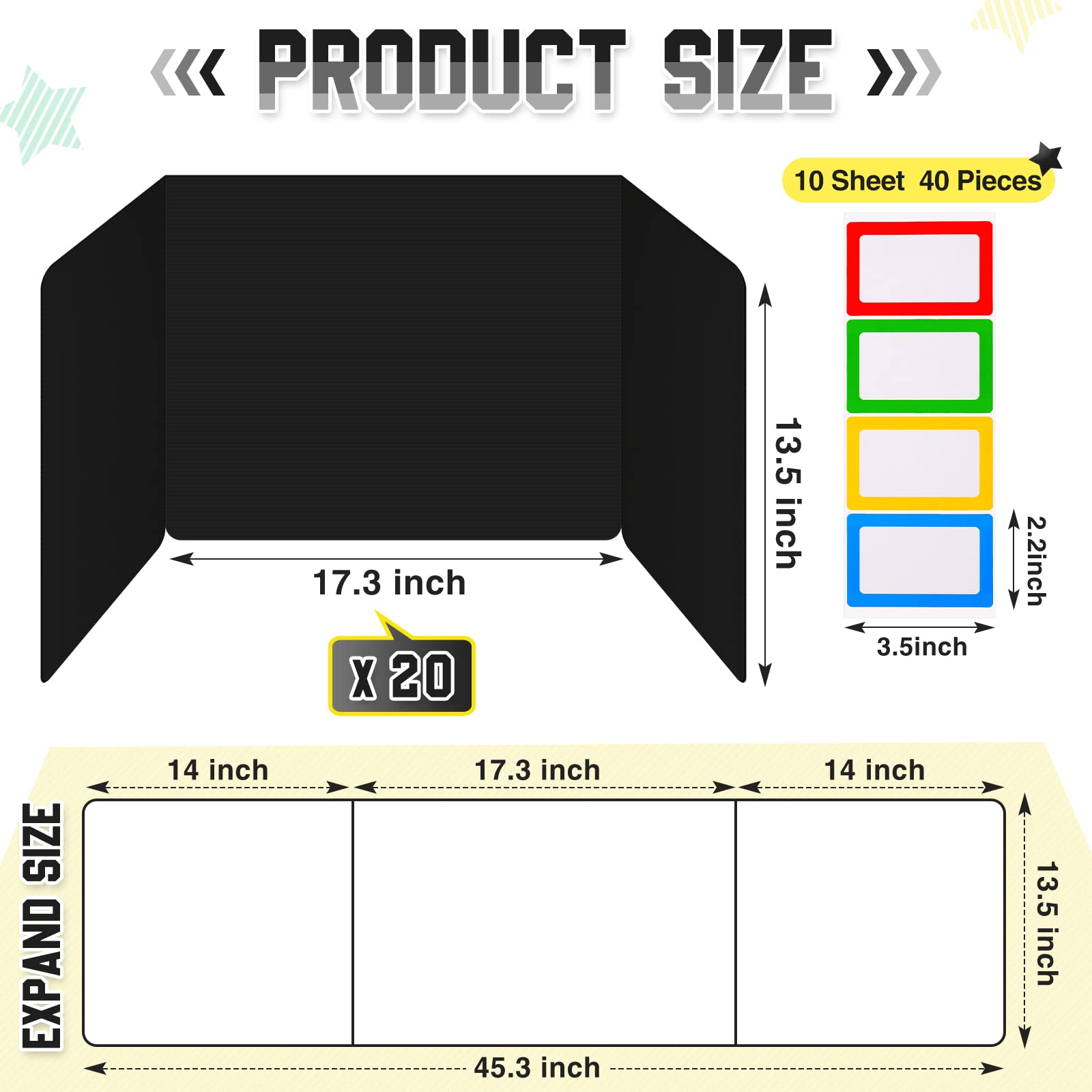 20-Pack Black Plastic Classroom Privacy Boards for Student Desks - 14 x 17.3 x 14 Inch Foldable Test Dividers & Study Shields with 40 Colorful Name Labels - Reduce Distractions for Focused Learning in Schools & Homeschooling