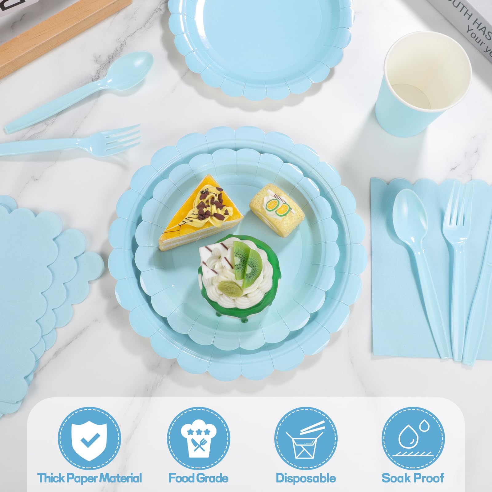 175 Pcs Light Blue Paper Plates & Napkins Set - Easter Party Supplies with Scalloped Plates, Napkins, Cups, Plastic Cutlery (Forks, Spoons, Knives) for Baby Shower, Wedding, Birthday - Perfect for Spring Celebrations, Bridal Showers & Outdoor Events
