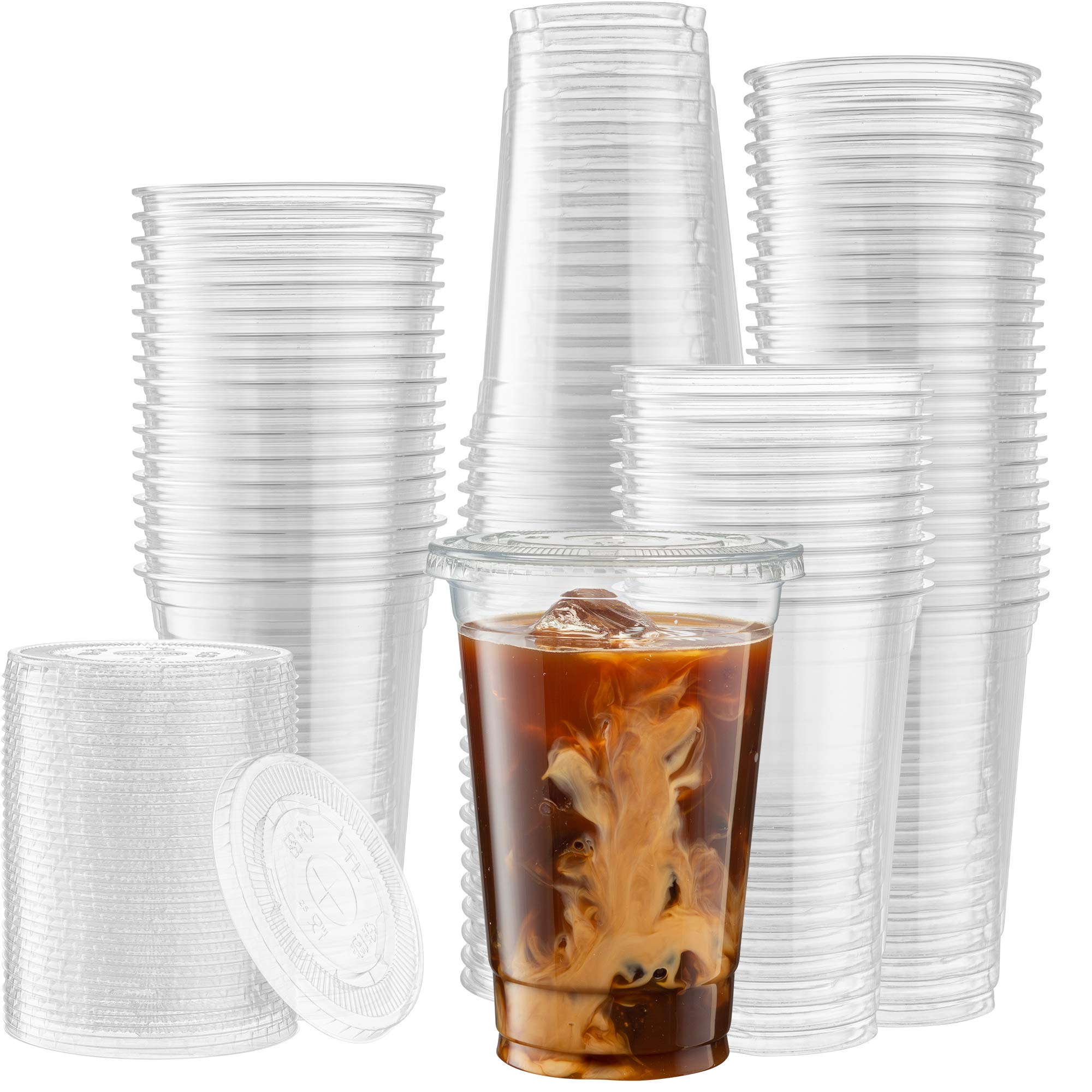 50 Sets - 20 Oz Clear PET Plastic Cups with Lids for Iced Coffee, Cold Drinks, Milkshakes, Smoothies - Disposable Party Cups for Events, BBQs, Picnics & Home Use