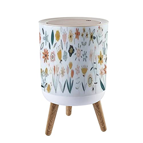 Floral Print Small Trash Can with Lid - Round Wood Leg Waste Bin for Kitchen, Bathroom & Office - Spring Bouquet Flower Design Garbage Bin for Home Decor & Waste Disposal
