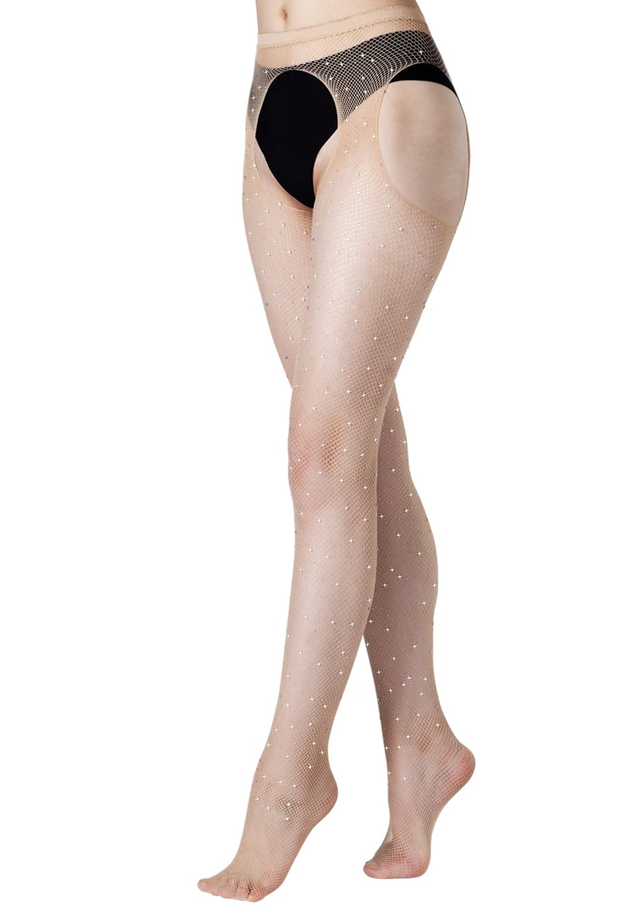 Sexy Rhinestone Fishnet Stockings for Women - Sparkling Suspender Tights One Size, Perfect for Halloween, Cosplay, and Night Out Parties
