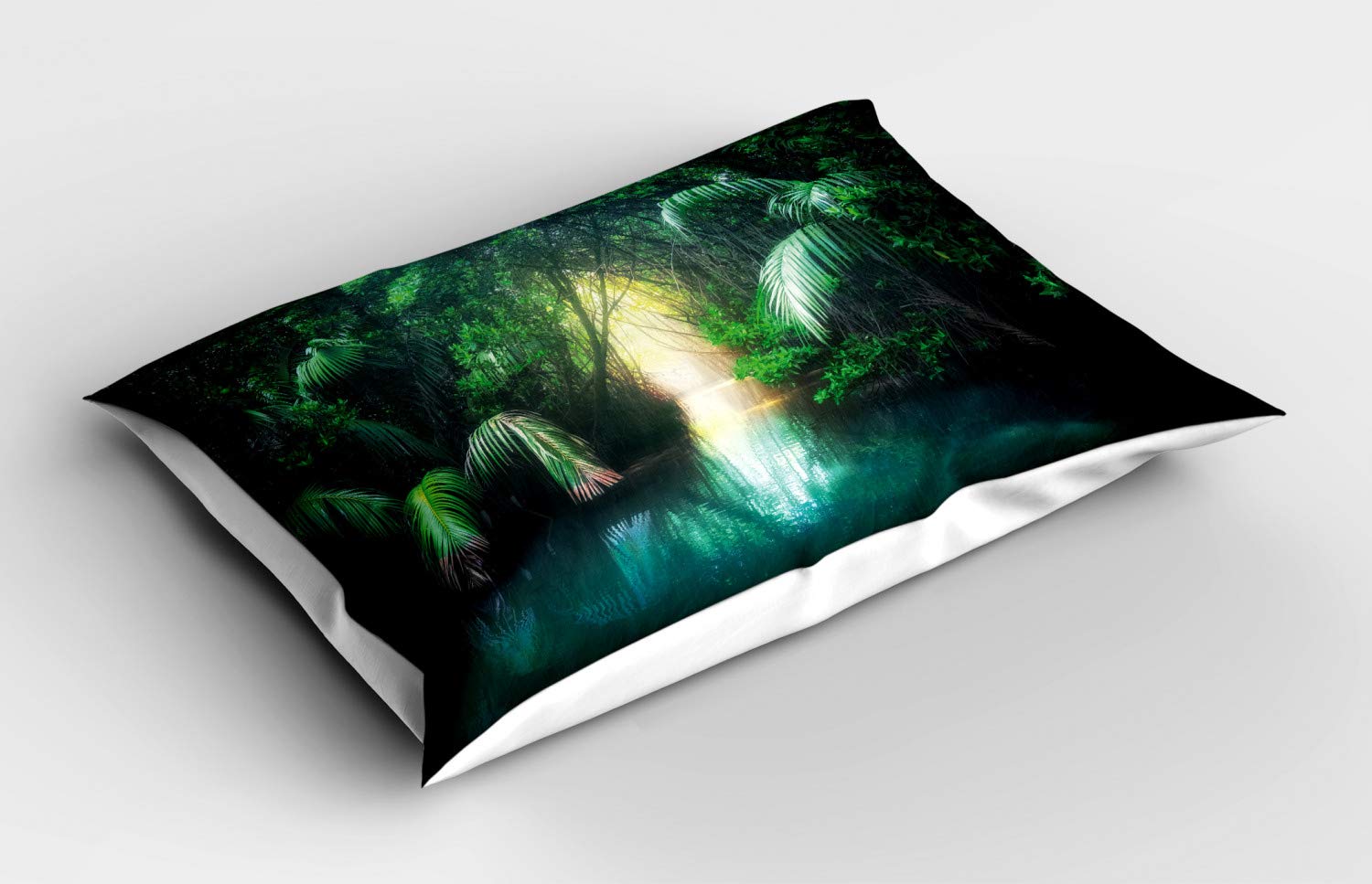 Ambesonne Jungle Pillow Sham - Tropical Lake Mangrove Rainforest Pathway Design, Decorative Standard Queen Size Printed Pillowcase (30